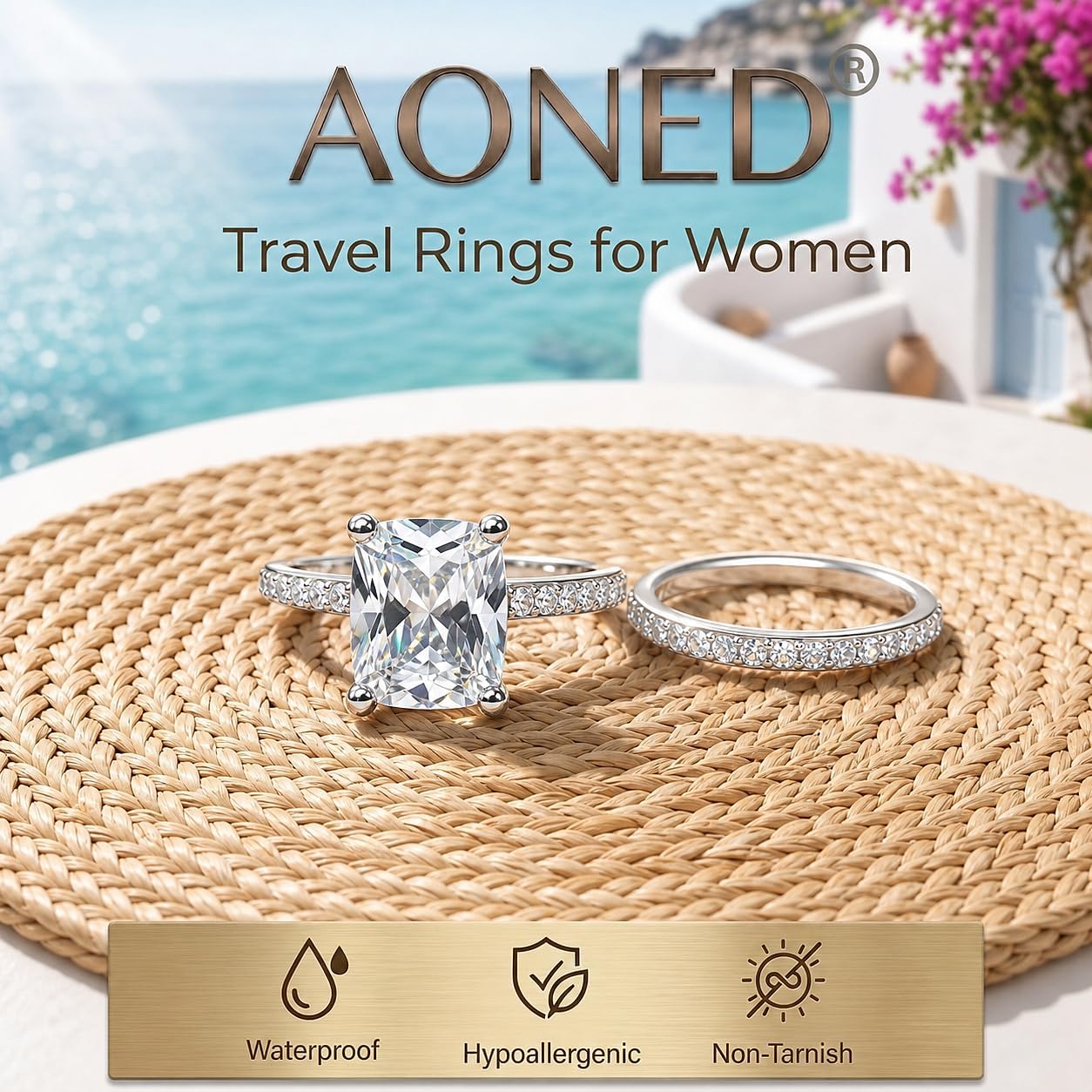2CT Elongated Cushion Cut Travel Engagement Rings for Women, Waterproof 14K Gold Plated Sparkle CZ Wedding Band Promise Rings for Her, Anniversary Bridal Ring Set Valentine's Gifts, Size 4-11