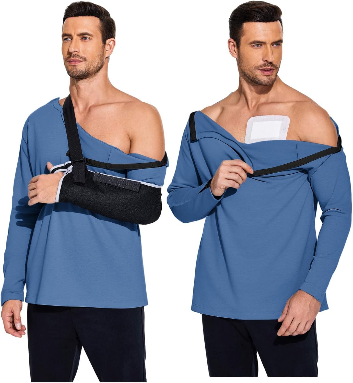 Deyeek Post Shoulder Surgery Recovery Shirts for Men Chemo Port Access Top Snap Full Tear Away Long Sleeve