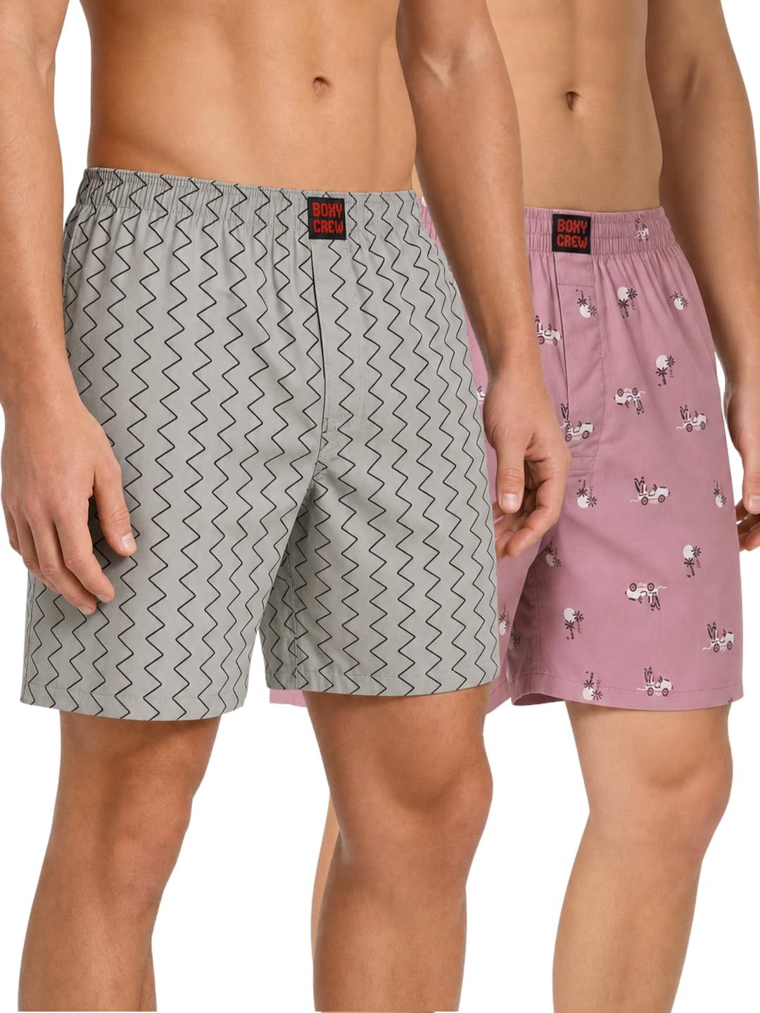 Men's 100% Cotton Printed Boxer Shorts Pack of 2 with Dual Side Pockets and Fabric-Covered Waistband - Grey/Pink, Styles MBX018, MBX028-picture-24