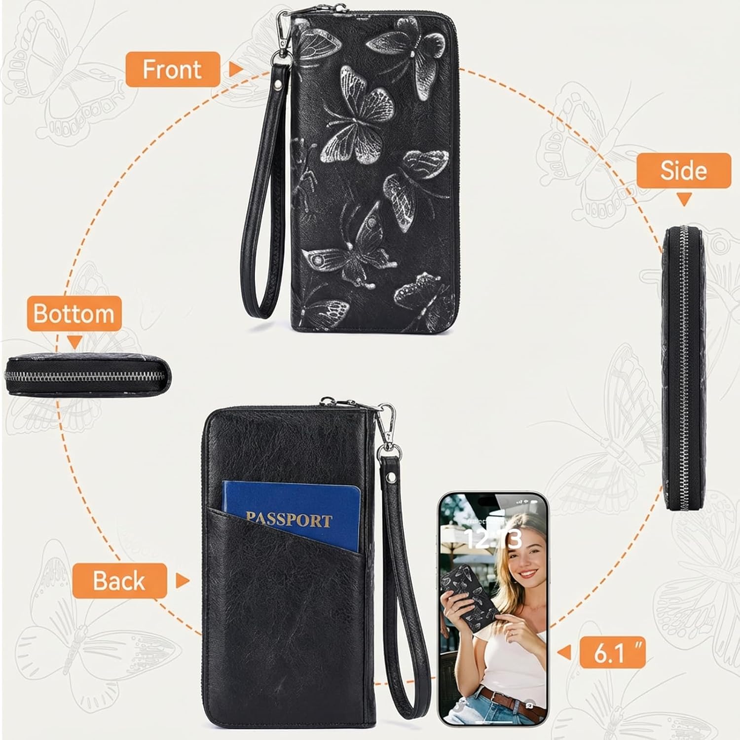 BELTANA Womens Wallet RFID Wallet Women with Passport Holder Butterfly Vegan Leather Multi Card Slots Wallets Large Capacity Wristlet Travel Purse for Women (Black)