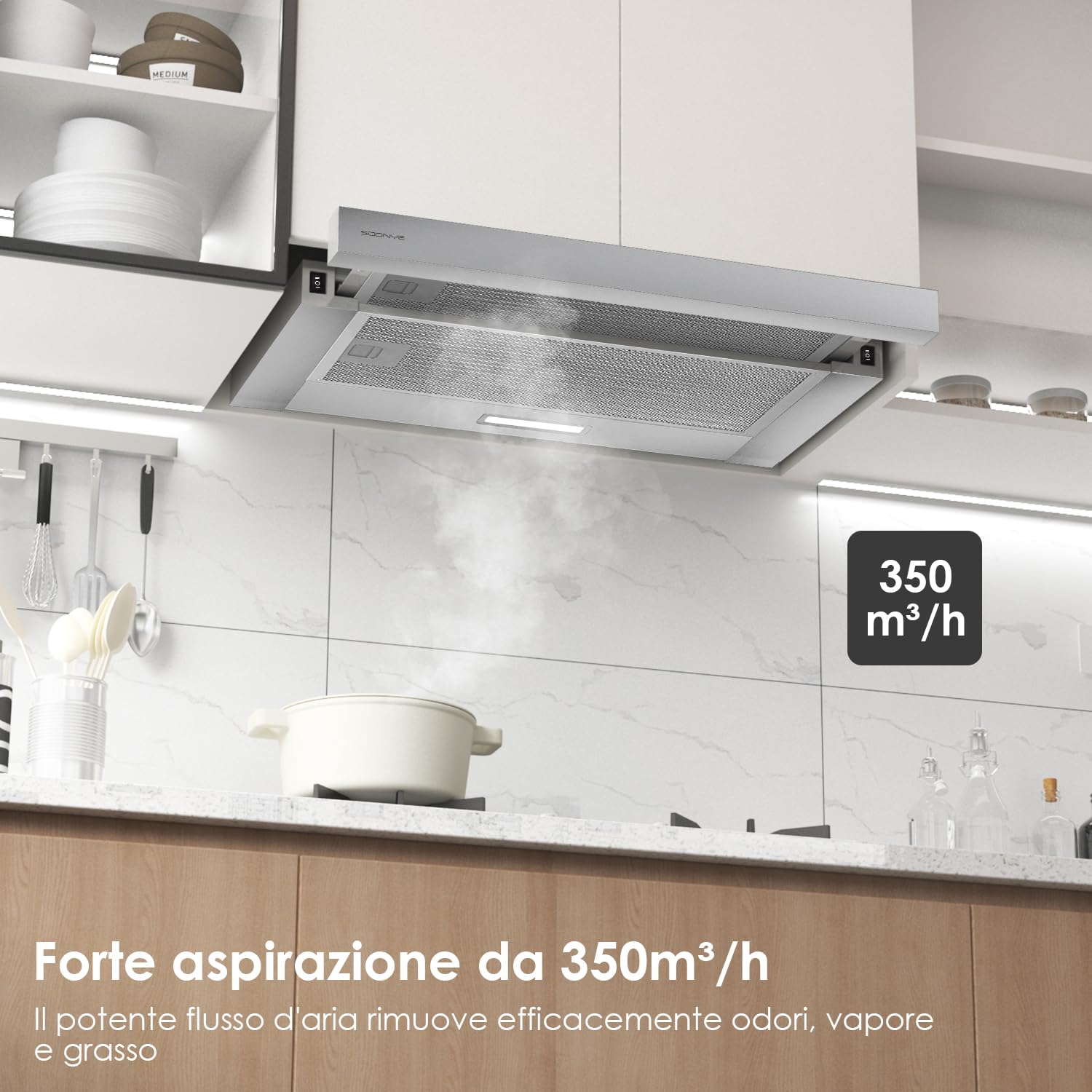 Cappa per schermo piatto, 60 cm, con filtro ai carboni attivi, flusso d'aria 370 m³/h, illuminazione a LED, cappa aspirante piatta 62 dB