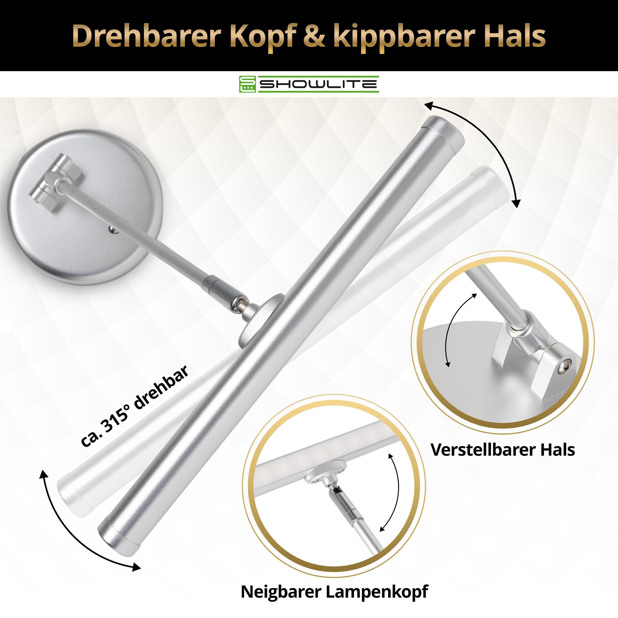 Showlite PL-1-SL-KW LED Klavierleuchte - Klavierlampe mit 15 LEDs - kaltweißes Licht in 2 Stufen - 36 cm Höhe - Betrieb per USB, Netzstrom oder Batterie - silber matt