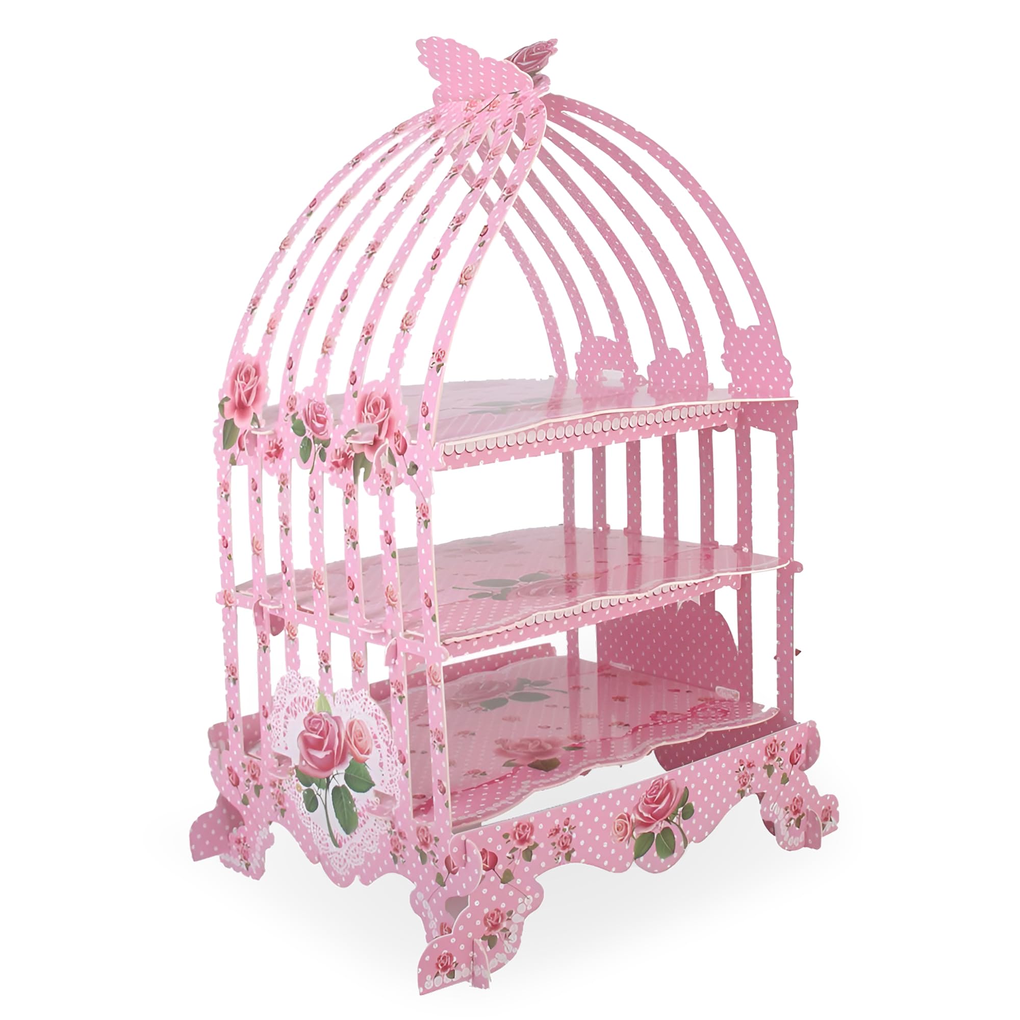 Trimming Shop Birdcage Cupcake Stand Vintage Style 3 - Tier Foldable Cardboard Cupcake Stand Dessert Tower Serving Platter, Wedding, Birthday, Parties, Tea Party Display Holder, Pink