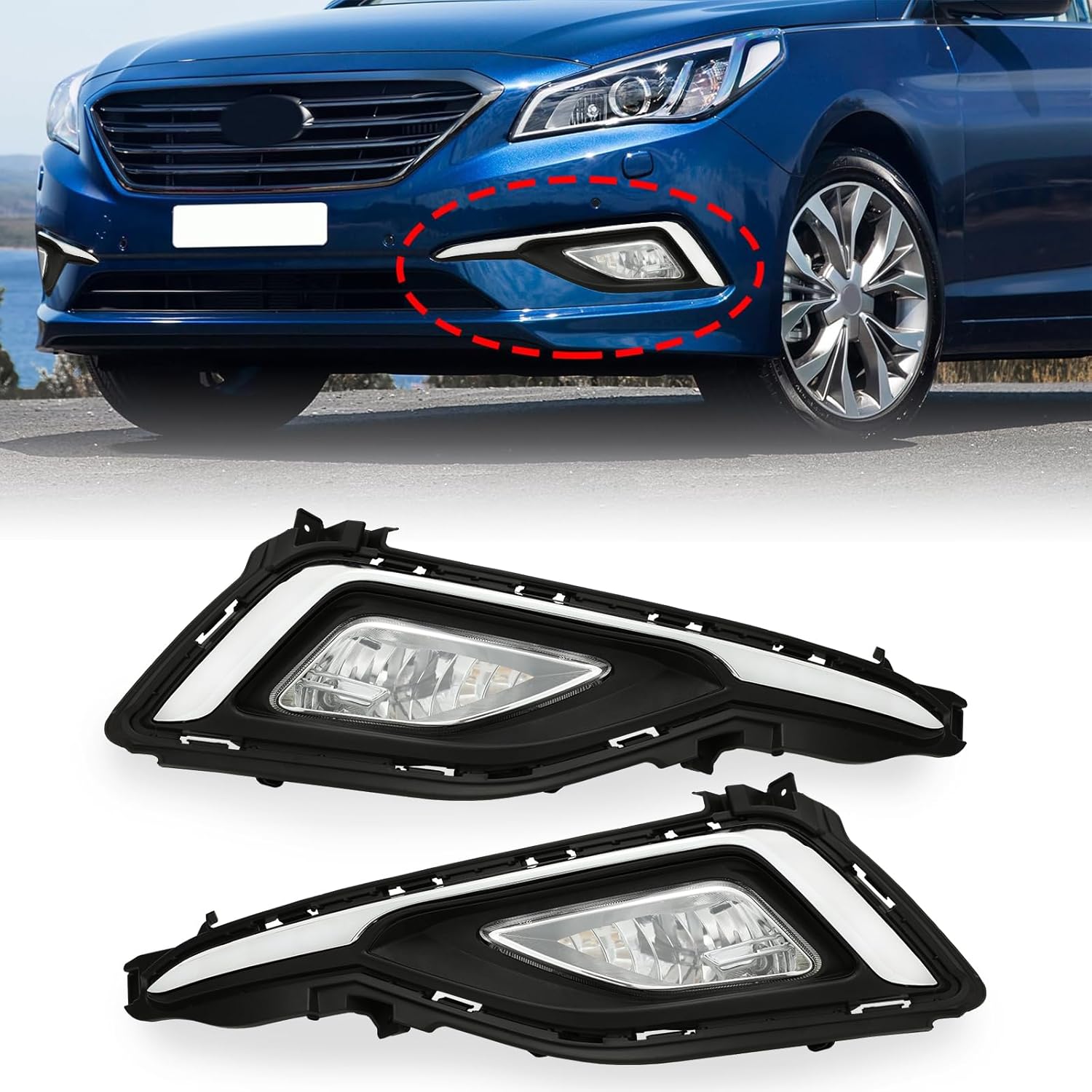Front LED Daytime Running Light DRL & Fog Light Assembly Pair with Frames for 2015 2016 2017 Hyundai Sonata, Left Right LH RH Front Bumper Lamps Replacement【Excludes Sport & Hybrid Models】