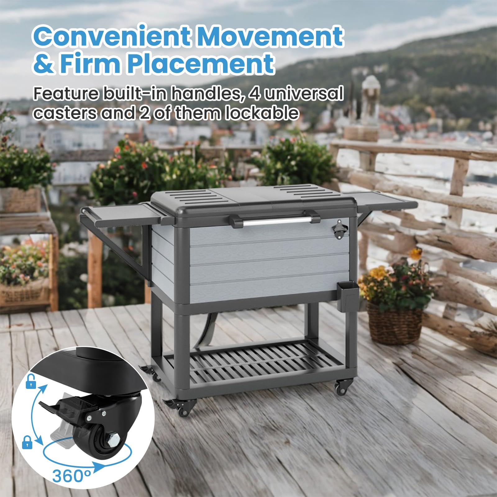 SOARS - Refrigerador con ruedas (91 L, barra exterior móvil, 83 x 50 x 85 cm, con separador extraíble, 2 estantes laterales plegables, 4 ruedas universales, para jardín, terraza, piscina