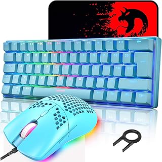 UK Layout 60% Mechanical Keyboard 62 Keys Blue Switch Wired USB C 14 Chroma RGB Backlit Gaming Keyboard + 6400DPI Ultra-Light Honeycomb Mouse + Large Mouse Pad, Compatible With PS4,Xbox,PC - Blue