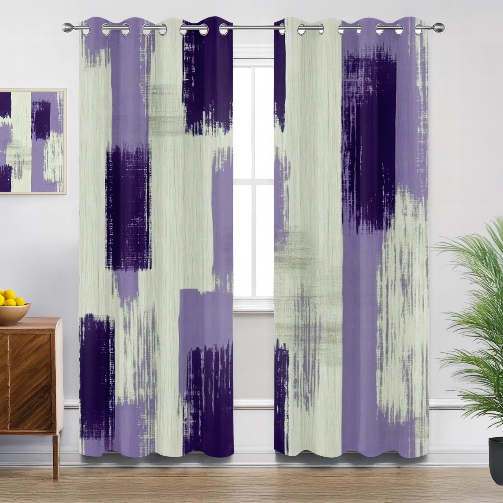 Mistela Purple Curtains for Bedroom, Dark Purple Modern Abstract Brush Stroke Blackout Thermal Insulated Eyelet Curtains for Living Room, W66 X D72, 2 Panels Drapes Room Decor
