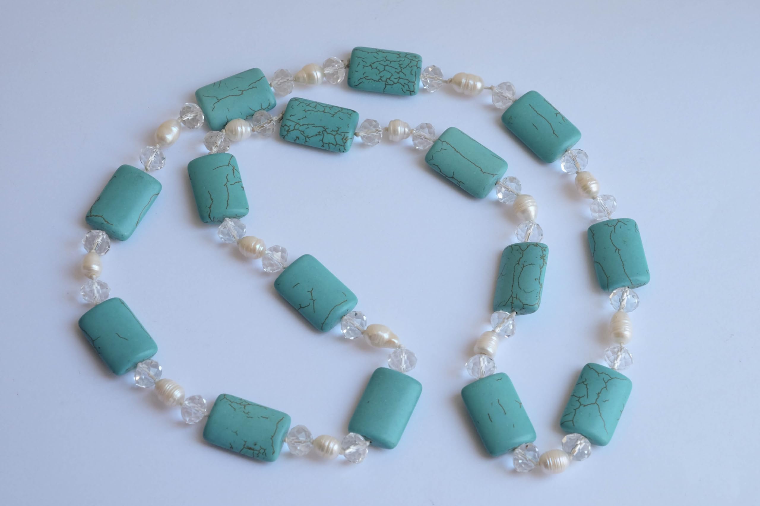 Collana in aulite turchese, perle, cristalli, collana italiana