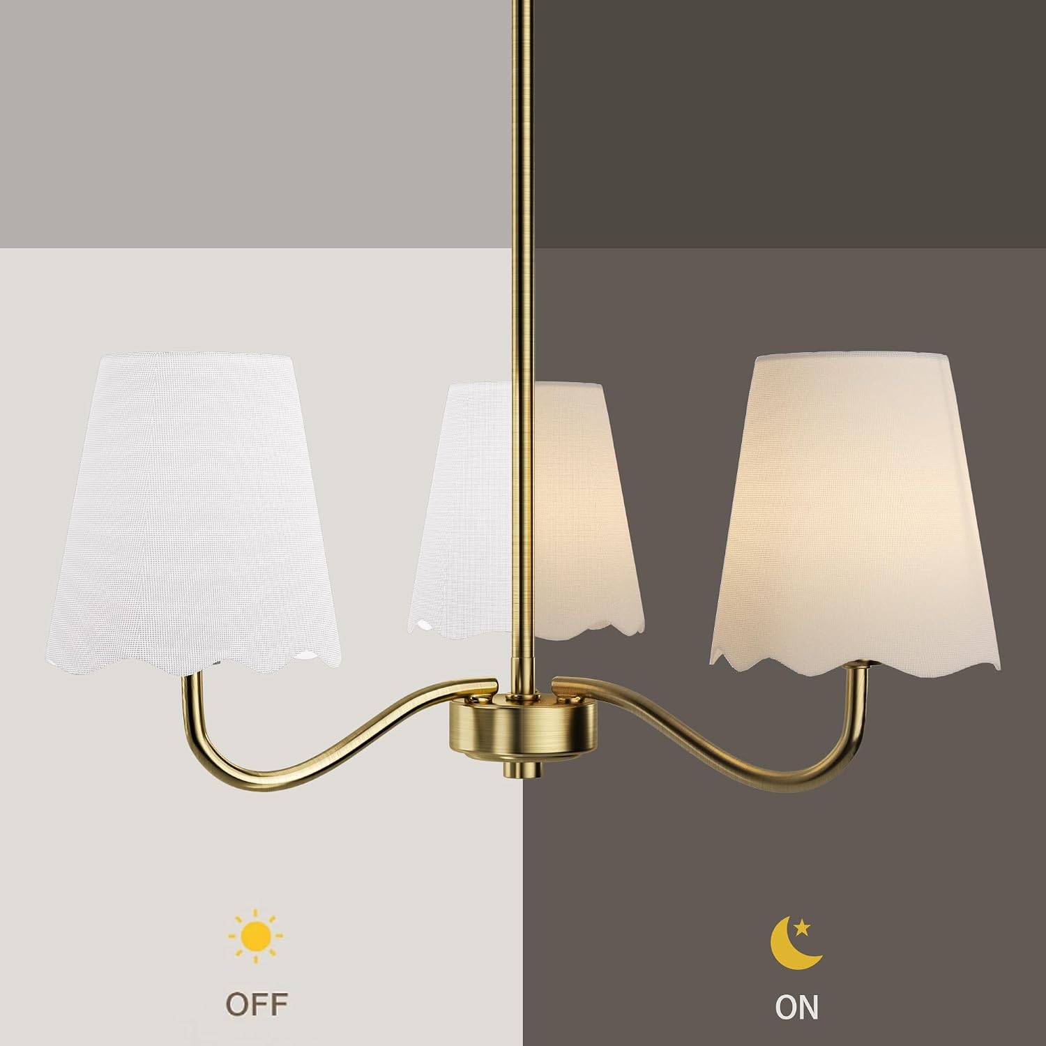Maxax 3-Light Gold Chandelier, Transitional Brushed Brass Pendant Light with White Scalloped Fabric Shades, Adjustable Classic Hanging Ceiling Light Fixture for Dining Room, Bedroom, Foyer