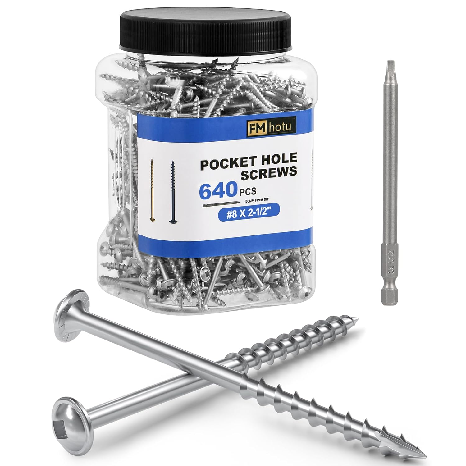 #8 Pocket Hole Screws 2-1/2 Inch, 640Pcs Coarse Thread Wood Screws, Square Drive, Washer Head, 4-Layer Coating, Drive Bit Included (Silver)