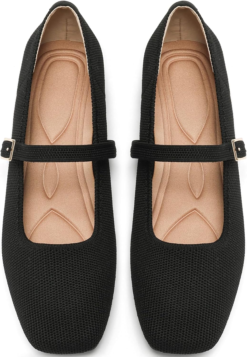 Women's Square Toe Mary Jane Flats, Foldable Knit Ballet Flat Shoes with Buckle Strap for Casual Office Work, US 6-11