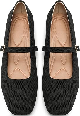 Womens Square Toe Mary Jane Flats, Foldable Knit Ballet Flat Shoes with Buckle Strap for Casual Office Work, US 6-11