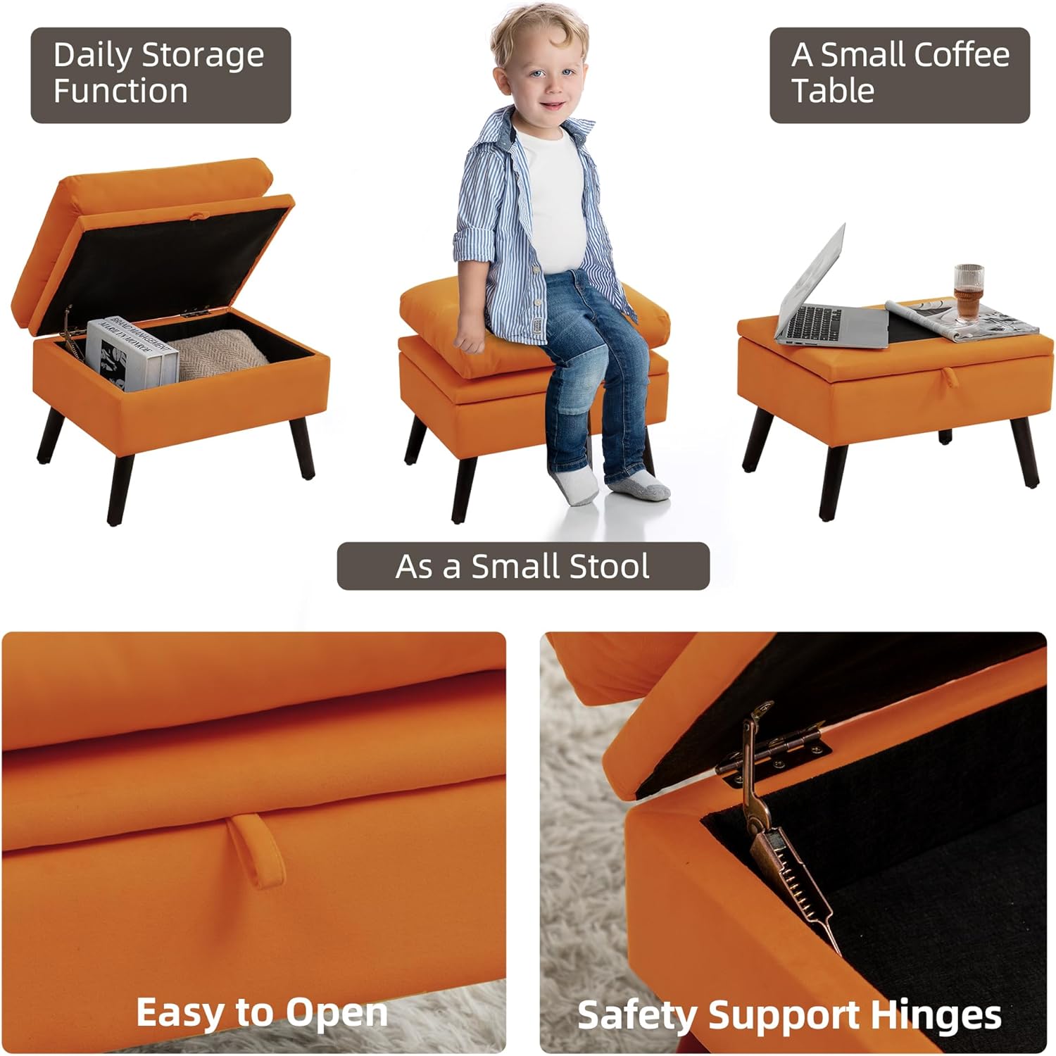 Accent Chair with Ottoman, Velvet Reclining Armchair with Adjustable Backrest, Comfy Loung Chair with Side Pocket for Living Room Bedroom Reading Room, Orange