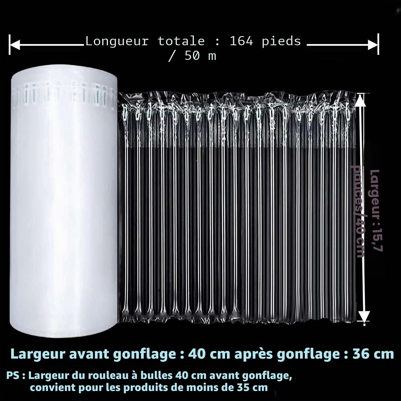 Grand rouleau de papier bulle gonflable pour coussin d'emballage - 400 mm x 50 m - Colonne d'air - Rouleau à bulles pour usage intensif - Fournitures d'expédition pour magasin en ligne, colis de