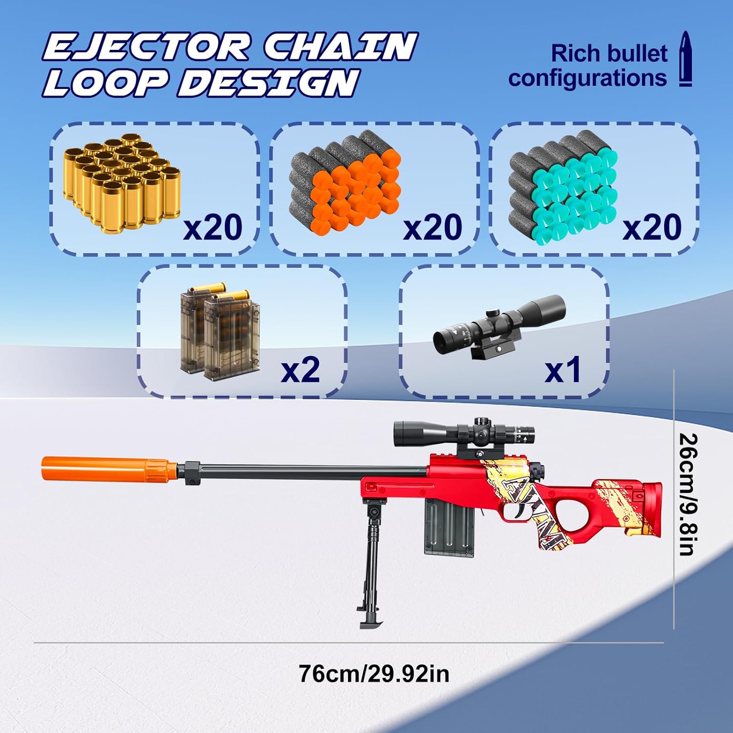 Realistic Soft Bullet Toy Gun Fake Foam Pellet Blasters Stress Shot Shell Ejecting with Scope Sniper Rifle Dare Prop for Boys Age 8+ 9 10 11 12 Year Birthday Gifts (RED) - Image 2