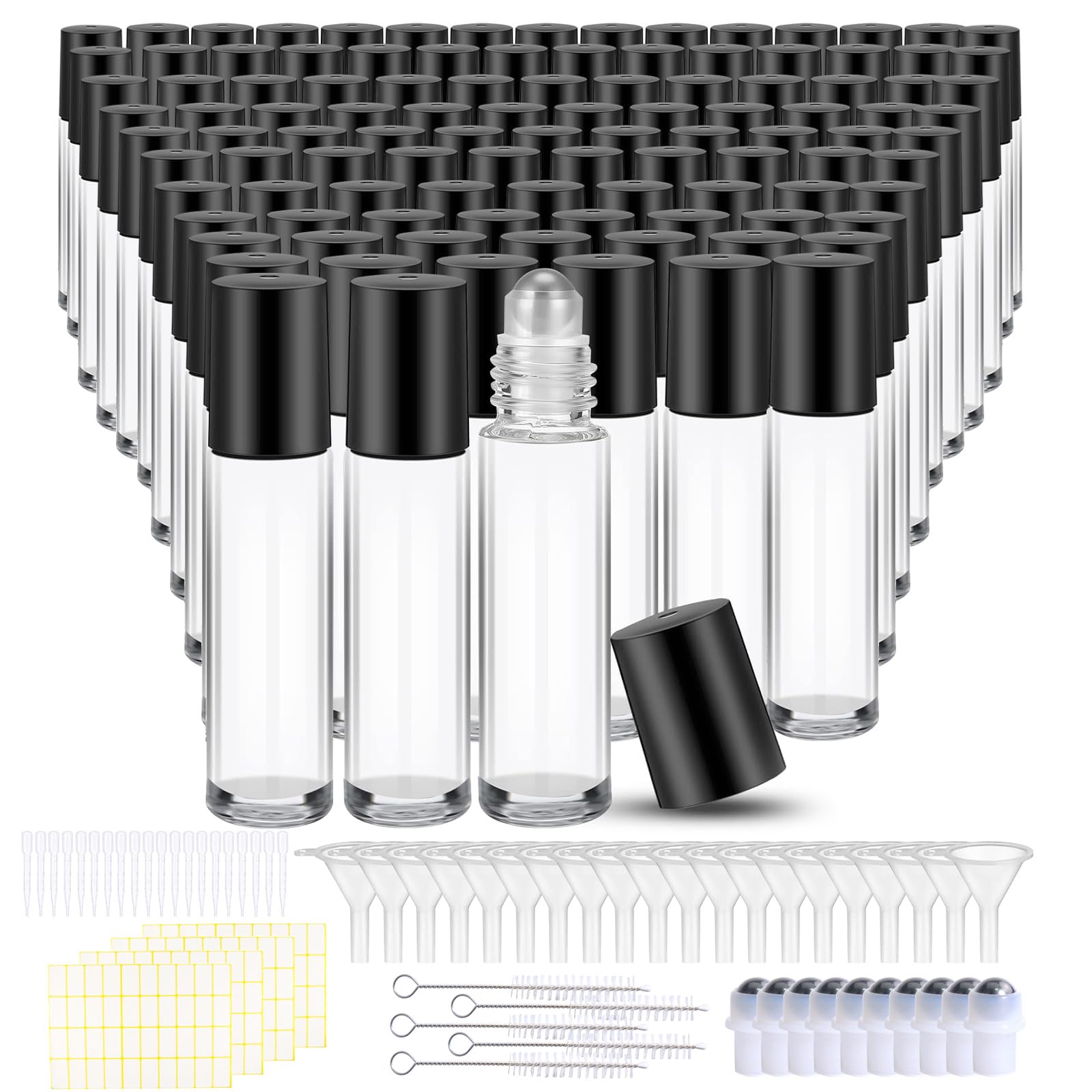 Olutacot 150 Pcs Essential Oil Roller Bottles 10 ml Leakproof Empty Glass Roll on Bottles with Stainless Steel Roller Balls with 20 Funnels 20 Droppers for Travel Perfume Essential Oil
