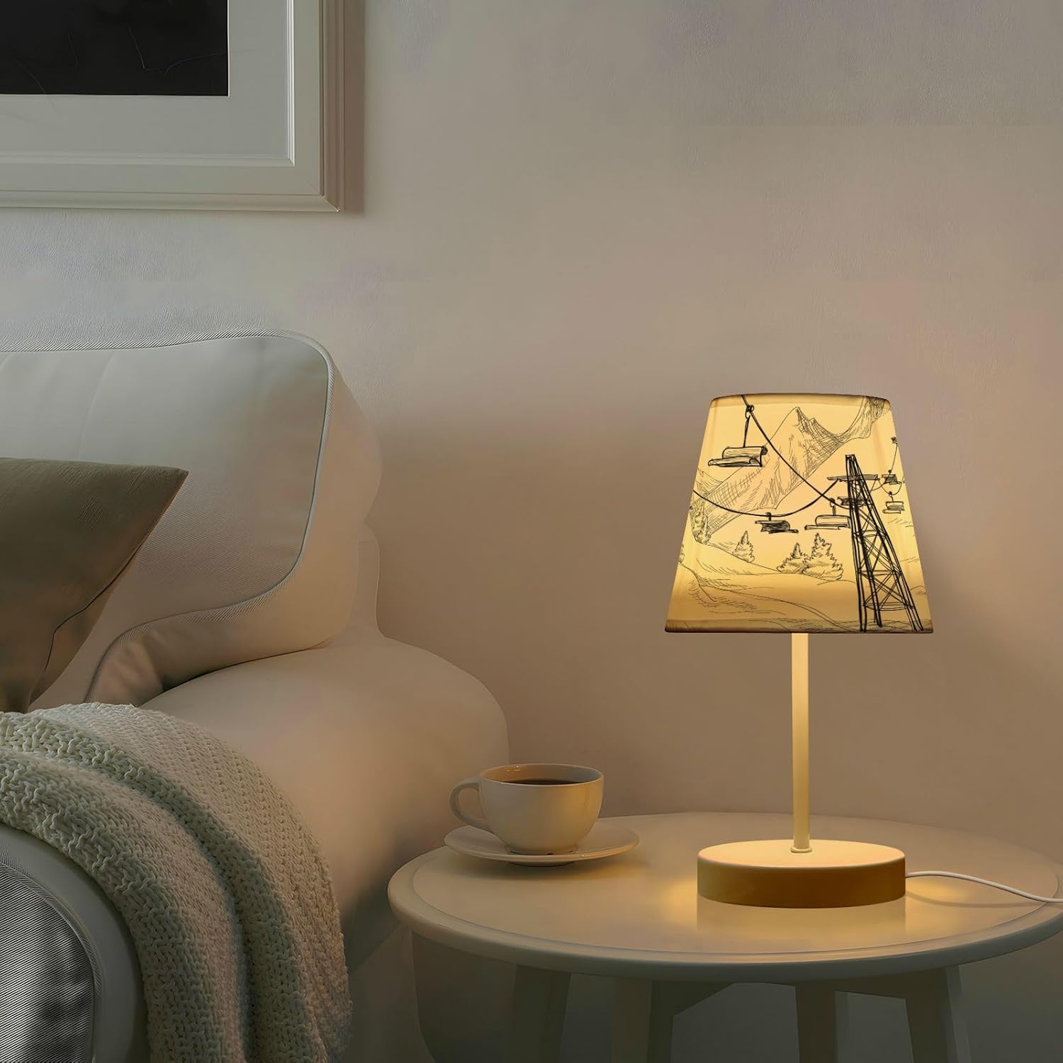 ALAZA Mountain Ski Lift Sketch Dimmable Table Lamp for Bedroom Desk lamp Bedside Night Lamp with USB Port,Large Lamps with Fabric Shade for Home Office Restaurant