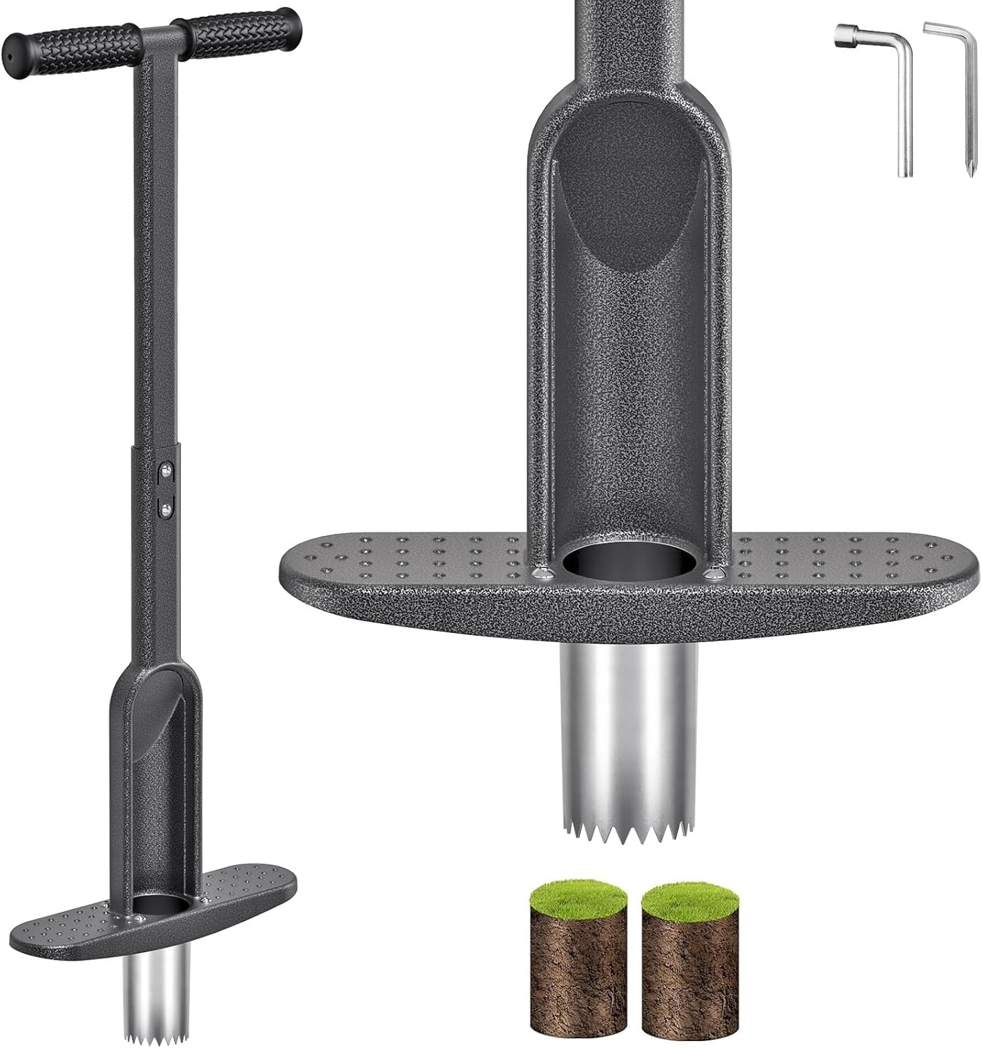 Dolibest Bulb Planter Tool w/Soft Rubber Grip, Grass Plugger Tool w/Stainless Steel Sharp Serrations, pre-Assembled Sod Plugger w/Centre Auto Dump Design for Lawn Planting Bulbs and Grass Repair