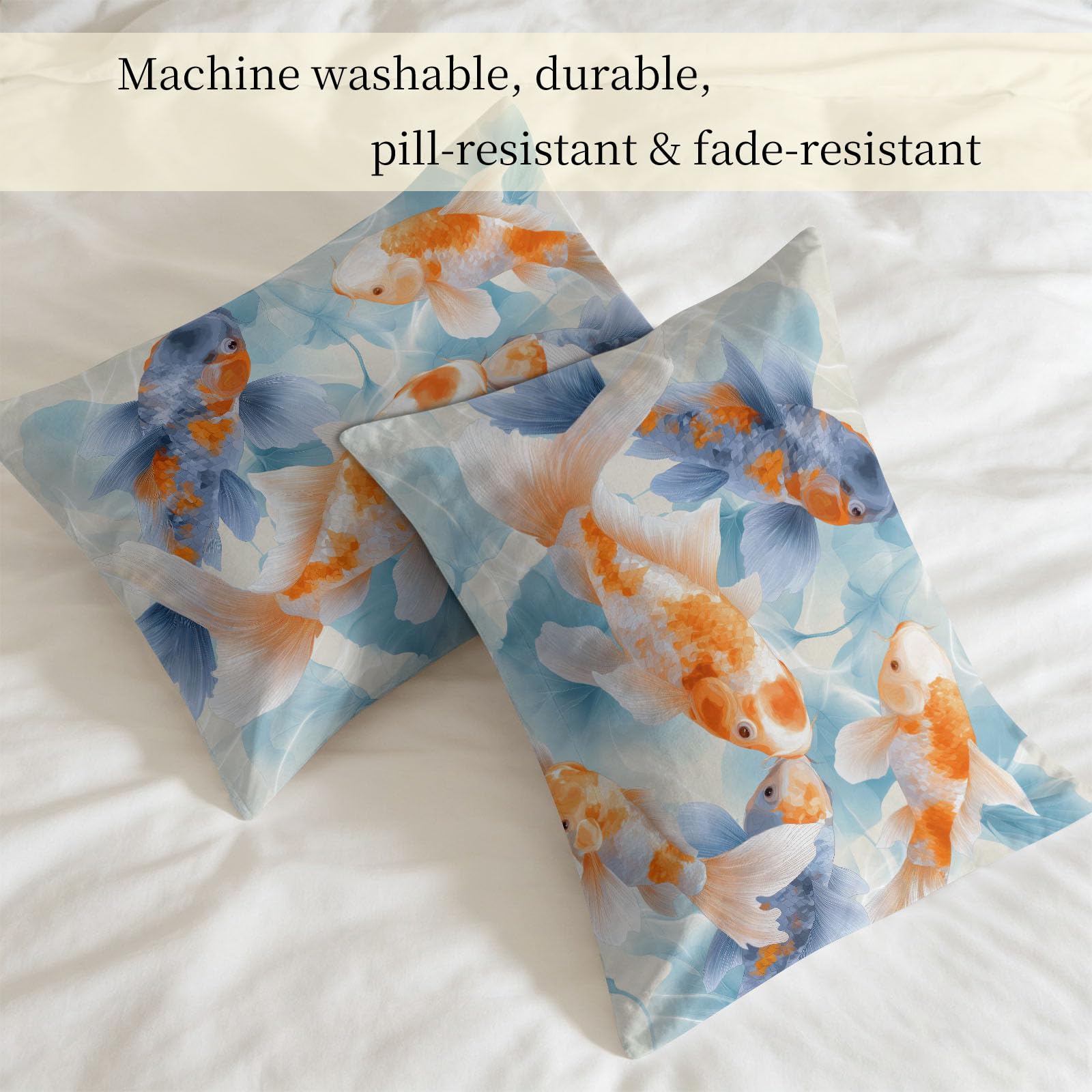 Piumino senza rivestimento, motivo onde d'acqua koi, foglia di loto, 240 x 260 cm, 4 stagioni, reversibile, con stampa a inchiostro orientale, lavabile, calda e delicata sulla pelle, con 2 federe da