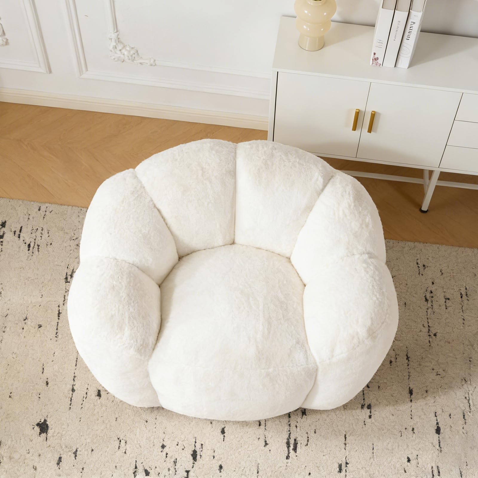 Sitzsack Erwachsene mit Füllung, Petalenförmiger Sitzsack, Großer Bean Bag aus Kunstfell, Bequemer Lounge Sessel, Hochdichter Schaumstoff, Schlafzimmer, Wohnzimmer, Milchweiß