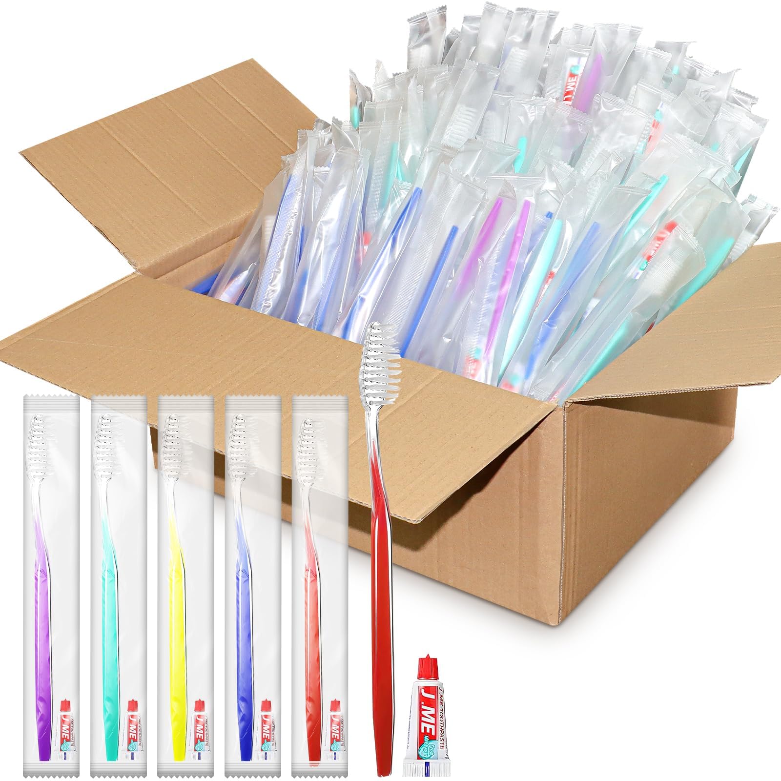 Set di 250 spazzolini usa e getta con dentifricio, confezionati singolarmente, setole medie morbide per hotel, donazioni di beneficenza e kit per la cura dei senzatetto, 5 colori assortiti