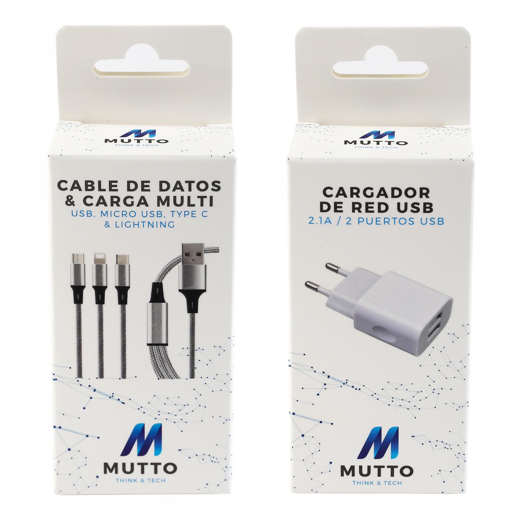 MUTTO Caricatore USB Multiplo 3 in 1 da Viaggio Universale, Caricatore per iPhone, Caricabatterie USB C e carica micro USB, adattatore presa + cavo di ricarica universale 3 in 1