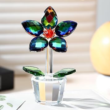Crystal Glass Flower Figurines Statues Faceted Glass Flower Valentines Day Sculpture Decoration for Home Collectible Paperweight