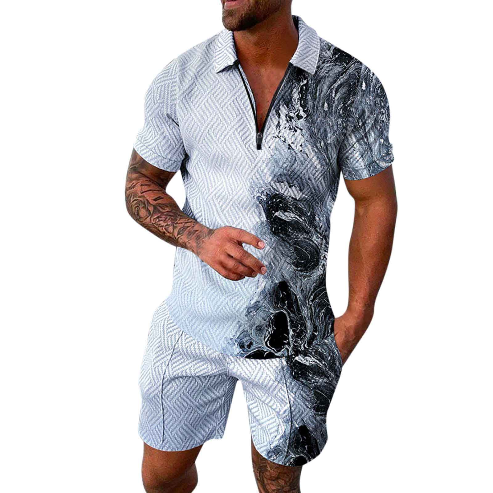 Sportanzug Herren Sommer Drucken Trainingsanzug Atmungsaktives Golf Shirts Set Freizeitanzug Poloshirts und Sportsshorts Lose Wanderanzug mit Reißverschlus Streetwear für Outdoor