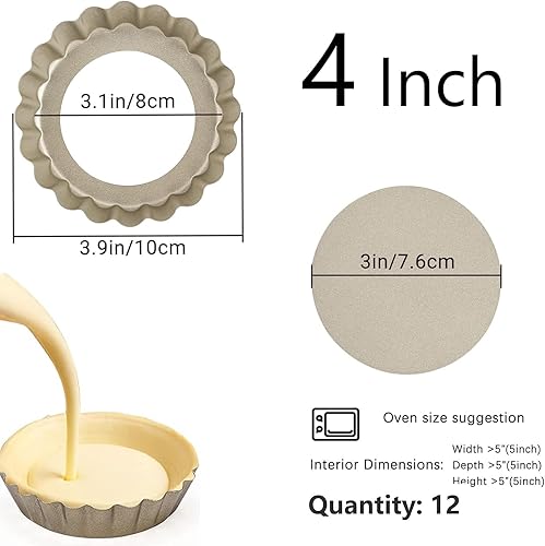 Miniatura 2 de 12 piezas de mini tarta de huevos, molde para tarta de huevos de 4 pulgadas con parte inferior extraíble antiadherente, adecuado para hornos y