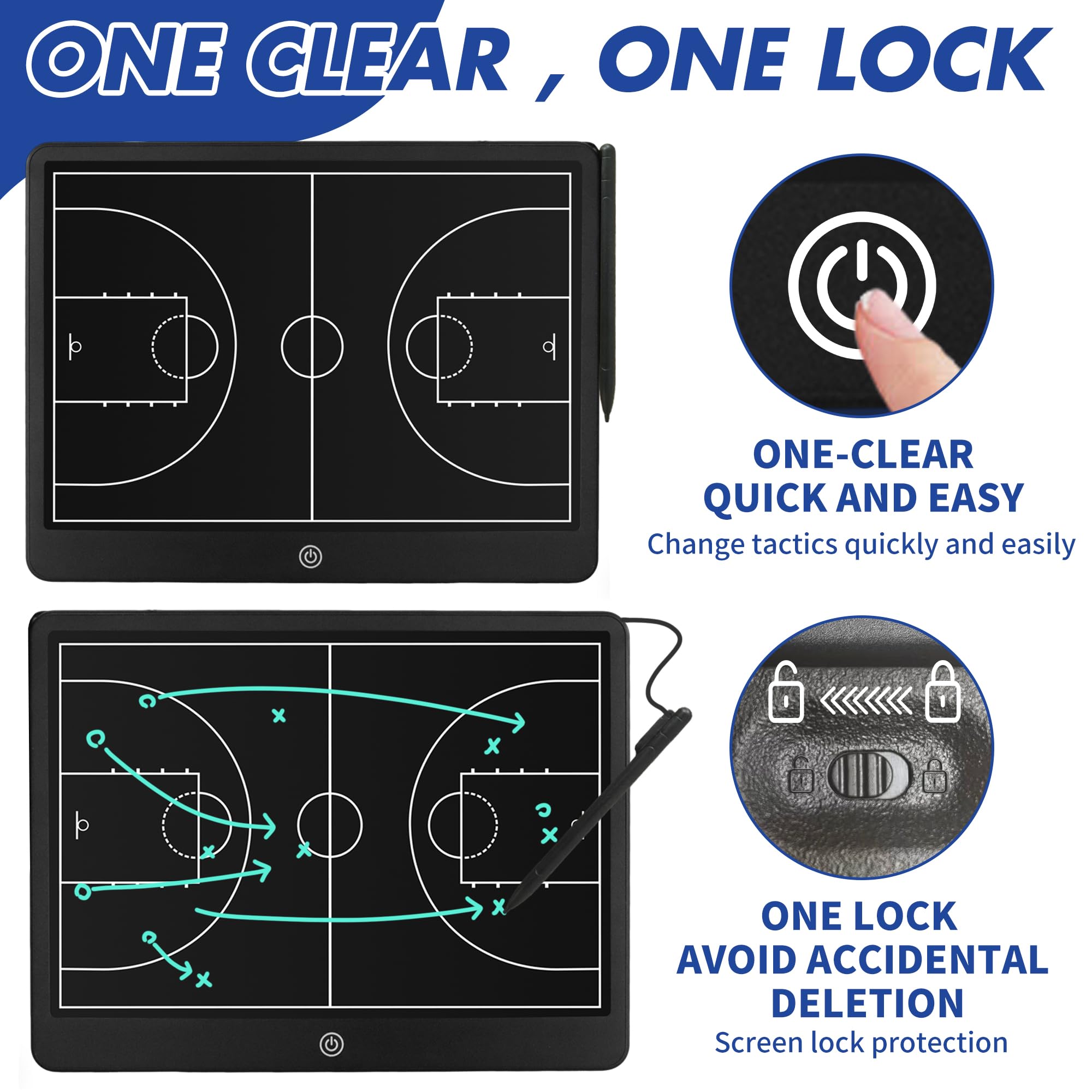 Tavola elettronica per allenatori di pallacanestro – Tavola tattica da basket LCD da 40,6 cm con 2 pennini, accessori essenziali per allenatori di basket, 2 cordini elastici, borsa per il trasporto