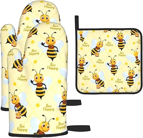 Miniatura 1 de Bee - Juego de guantes de horno y soportes para ollas, divertidos guantes de cocina resistentes al calor de 500 grados, almohadillas calientes de