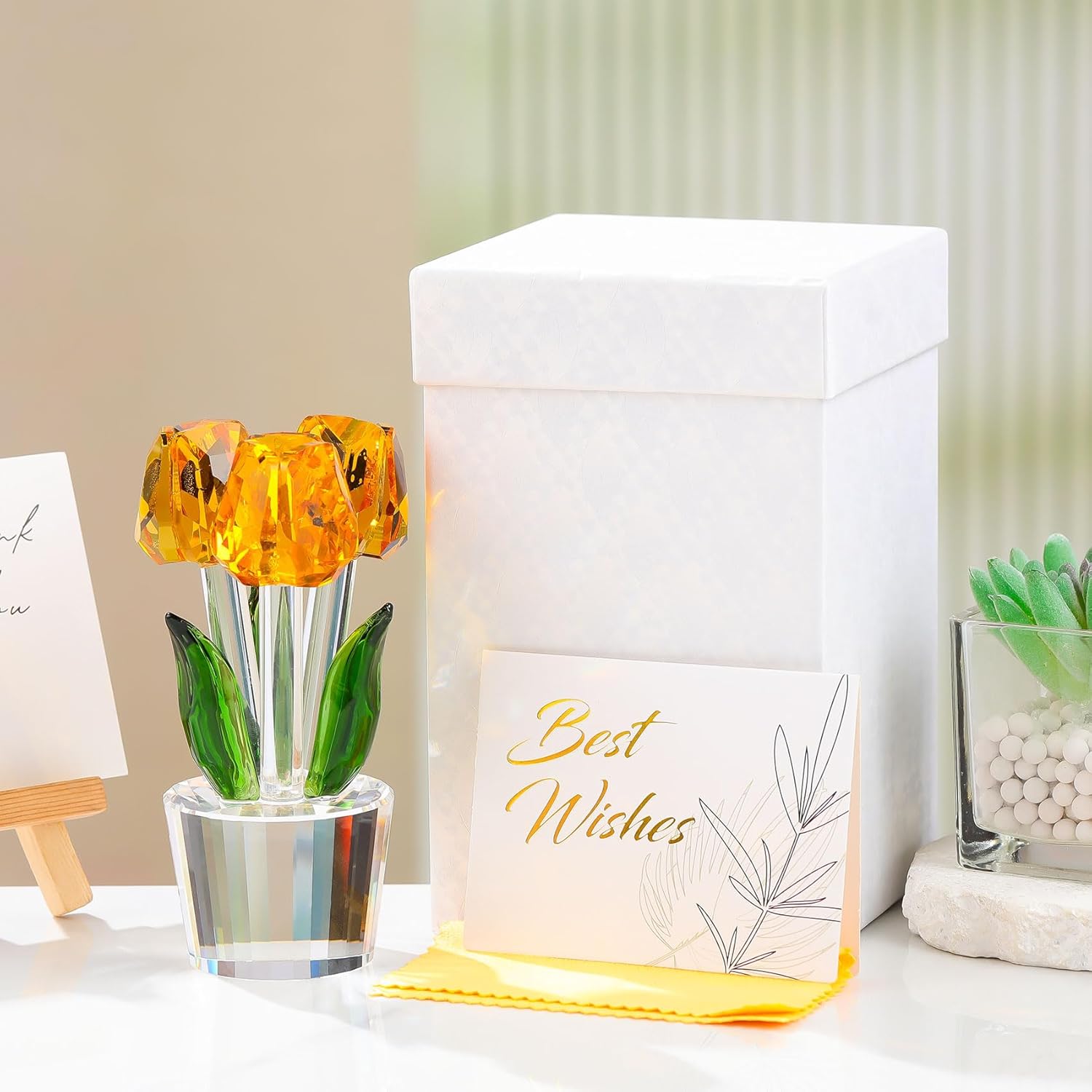 Enjinkail Yellow Tulips Artificial Flowers Glass Decor Collectible Crystal Figurine Ideas for Mom Women on Graduation Christmas Wedding - Image 7