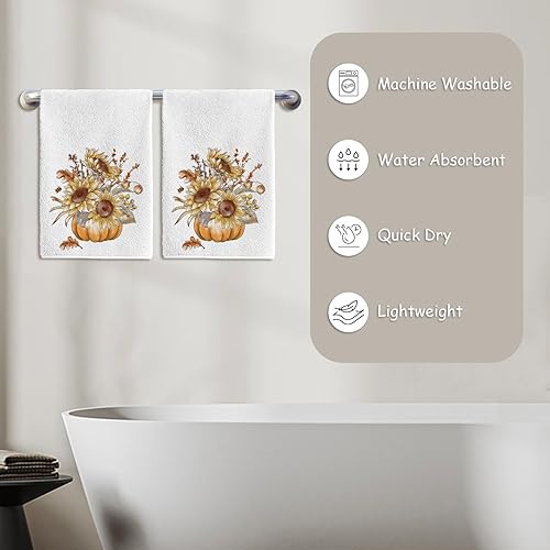 Miniatura 6 de Toallas de mano de otoño para baño, paquete de 2 toallas de baño vintage de calabaza, girasoles, suaves y absorbentes, toallas de baño para la cara,