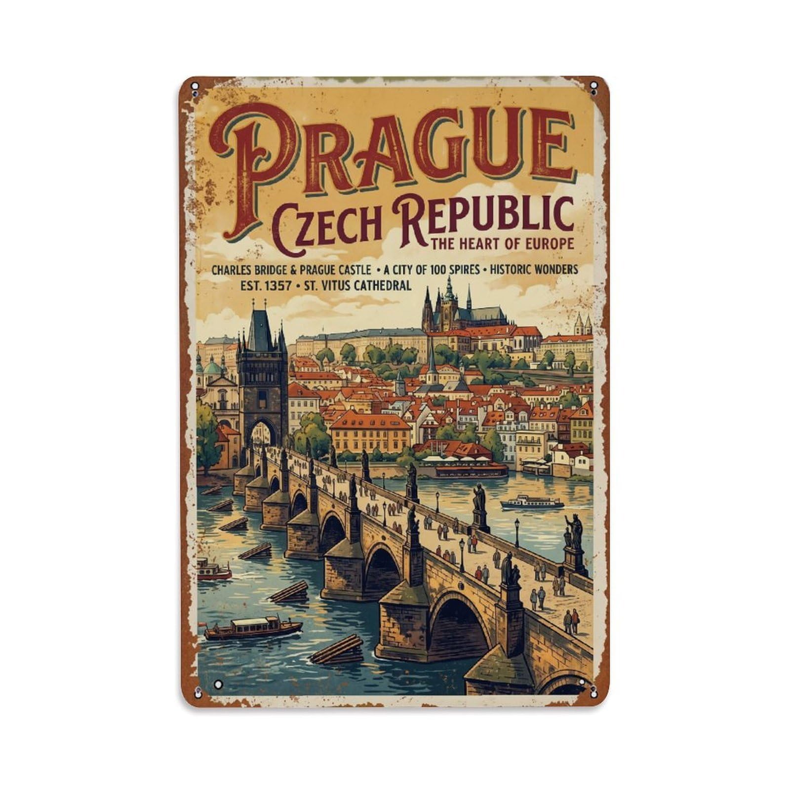 Cmhok Vintage Style Vintage Travel Bridge Prague 1 Metal Tin Sign Wall Decor For Cafe, Club, Garden Metal Poster 8X12inch