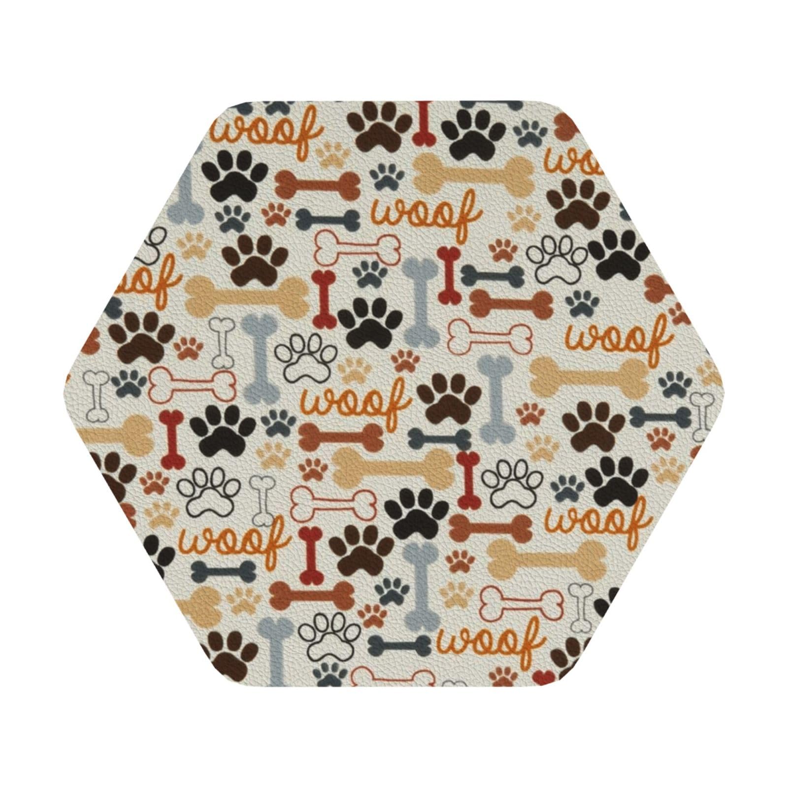 Dog Bones Paw Prints PU Leather Coasters Set of 6 Hexagon Drink Coasters