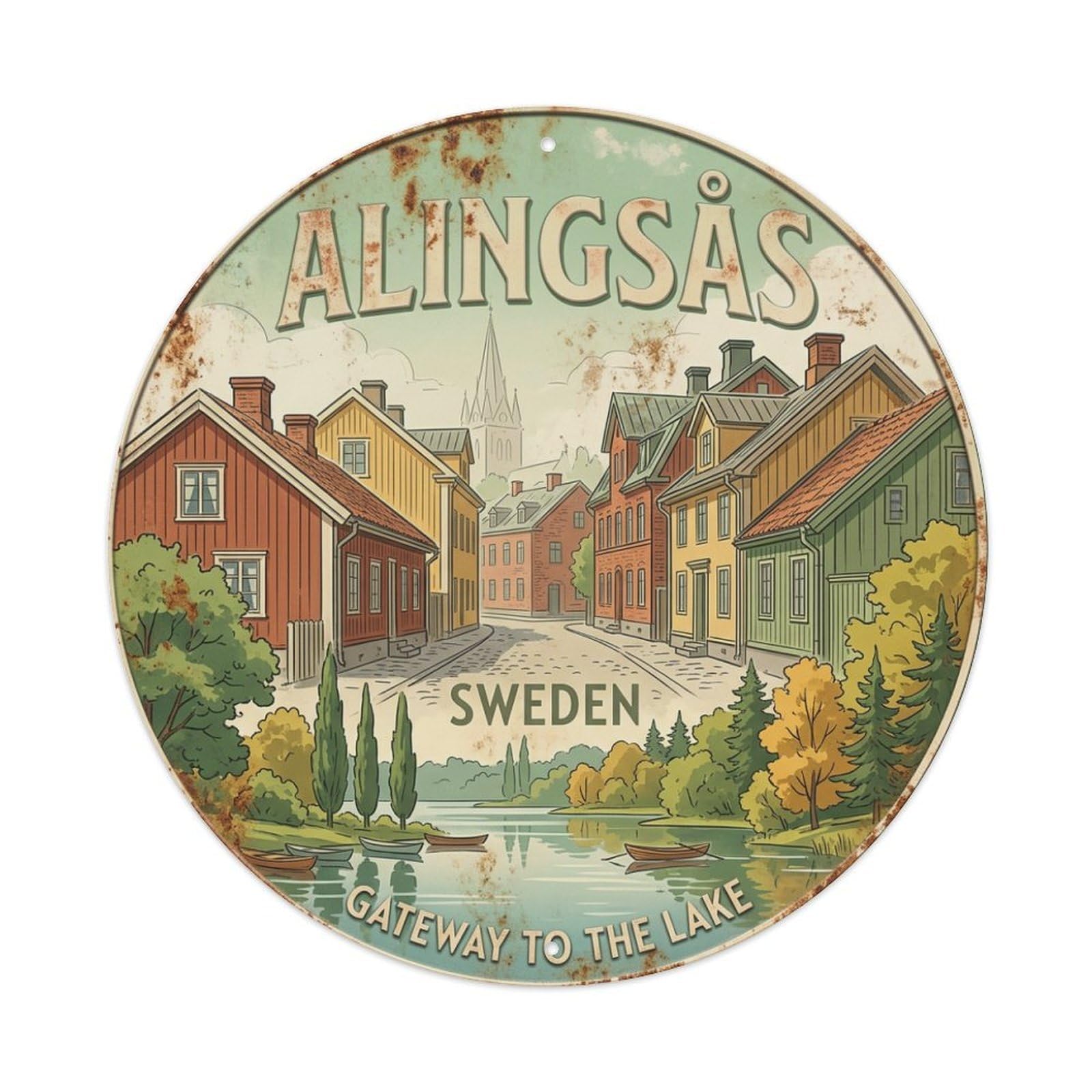 Vintage Travel Alingsas Sweden Town Metal Tin Sign