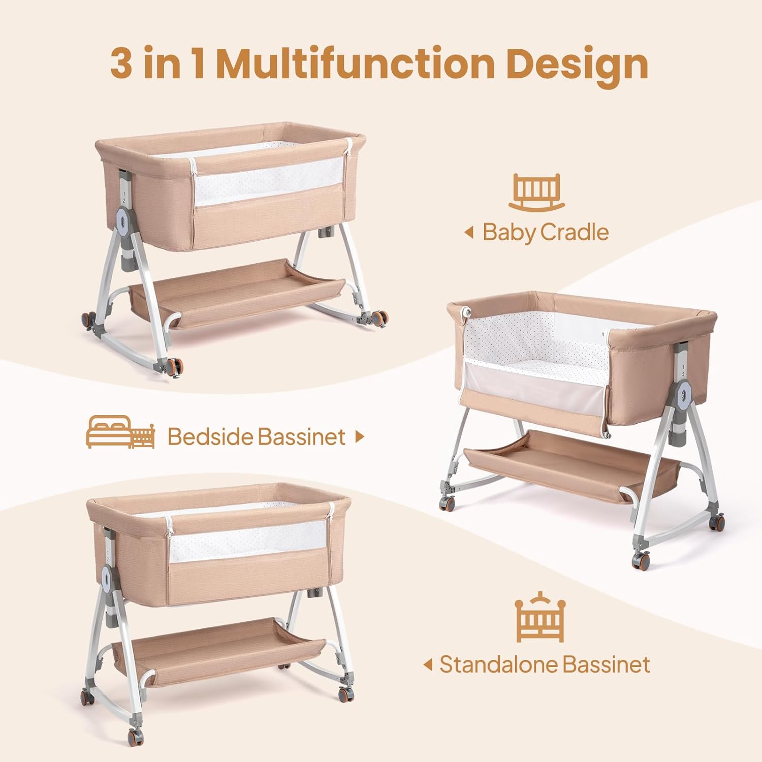 JOYMOR 3 in 1 Baby Bassinet, Bedside Bassinet for Baby, with Comfy Mattress and Wheels, 6 Height Adjustable Easy Folding Portable Bedside Crib for Newborn (Beige)