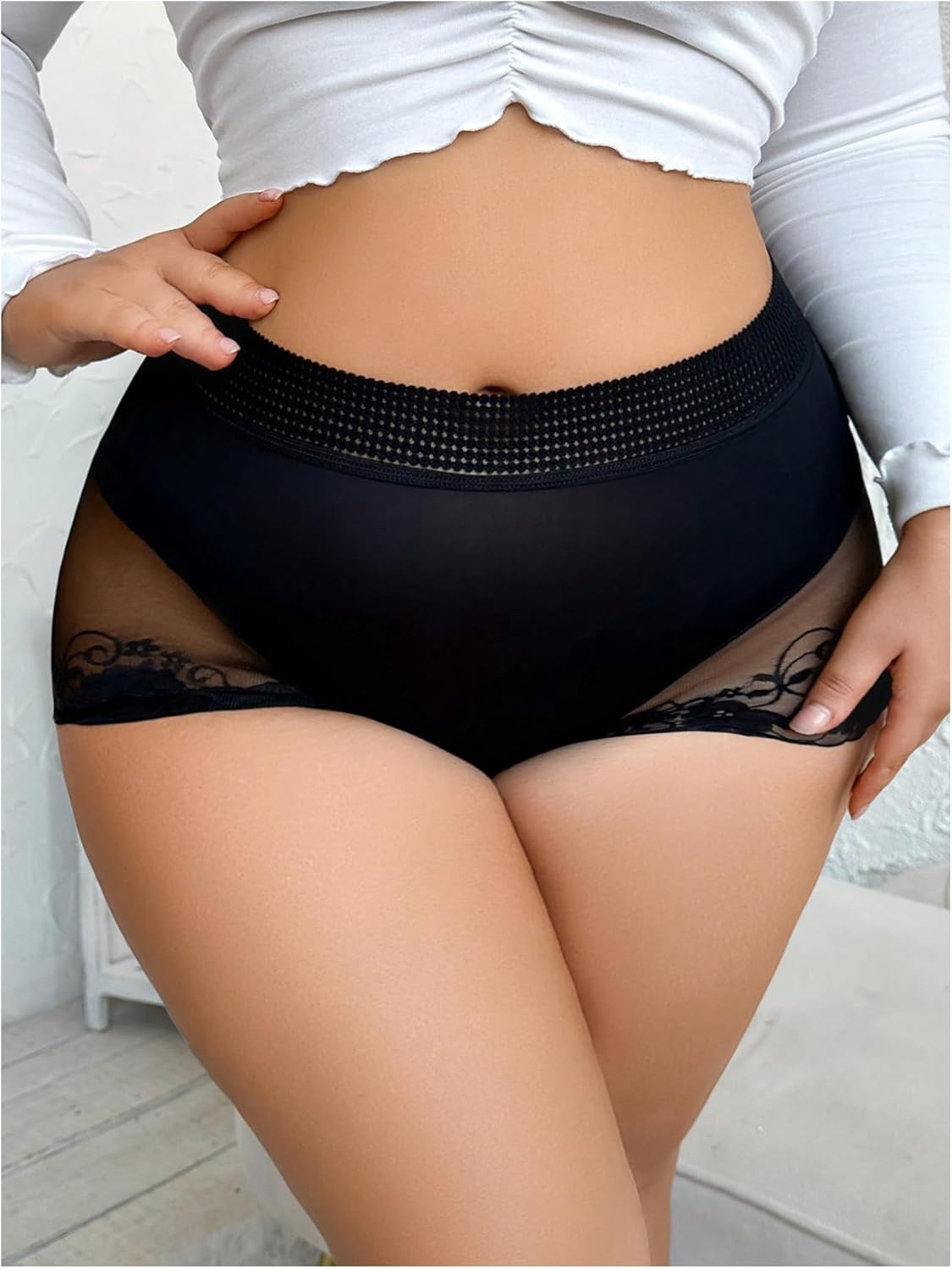 WDIRARA Women's Plus Size Lace Mesh Sheer Briefs High Waisted Panties Underwear - Image 2