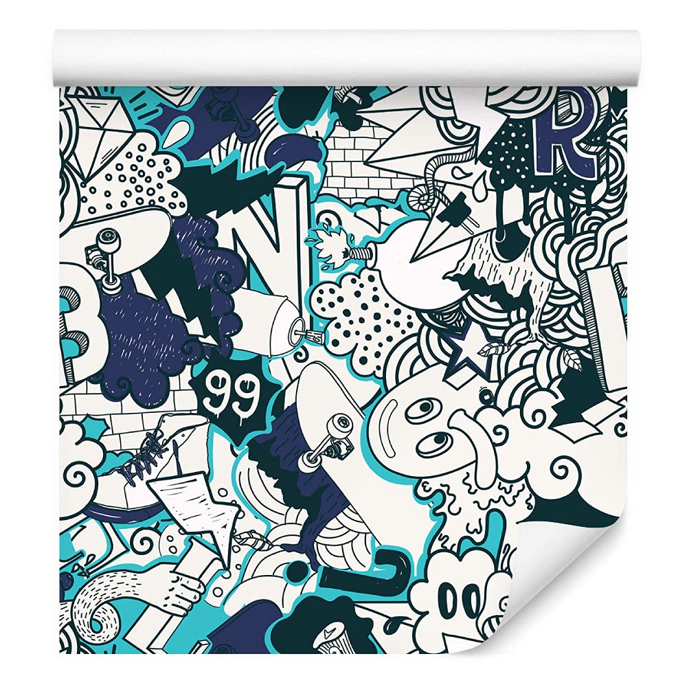Muralo Tapeta 10 m, rolka flizeliny, graffiti, deskorolka, bomby, diamenty, wygląd kamienia, miasto tapeta z włókniny, 1000 x 53 cm, tapeta ścienna, do salonu, pokoju dziecięcego, nowoczesna dekoracja