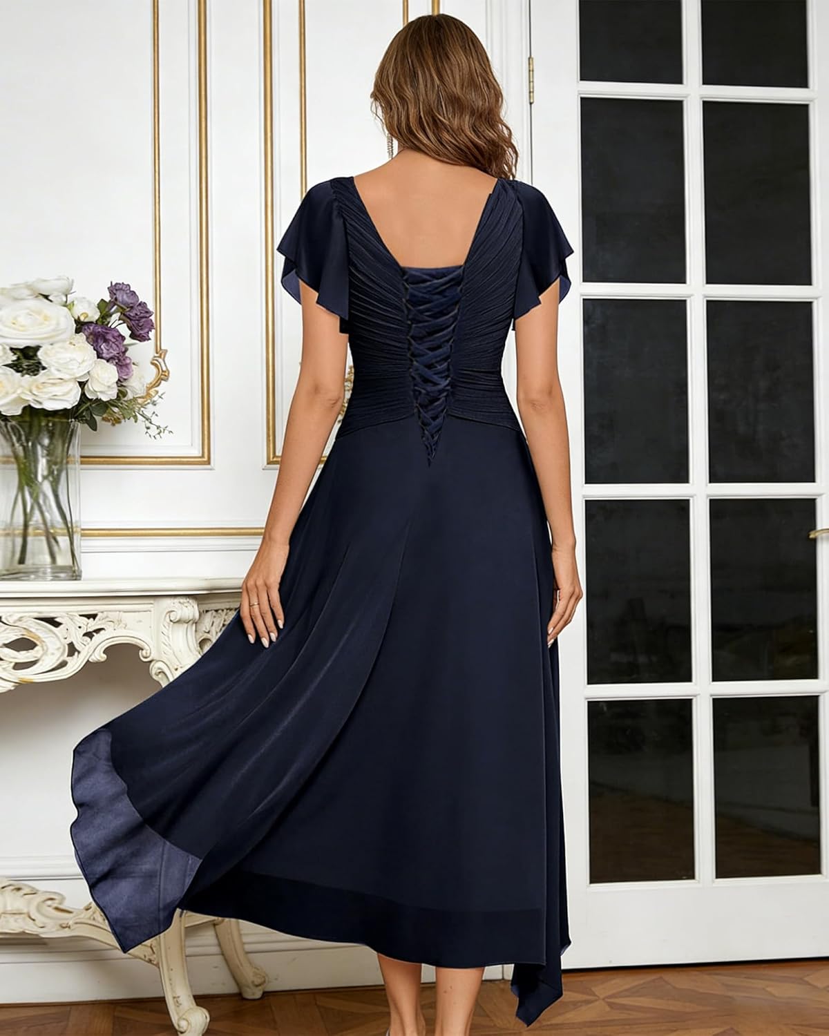 ISABUFEI Elegant Chiffon Mother of The Bride Dresses - V-Neck Tea Length Formal Evening Gown with Beaded Waist