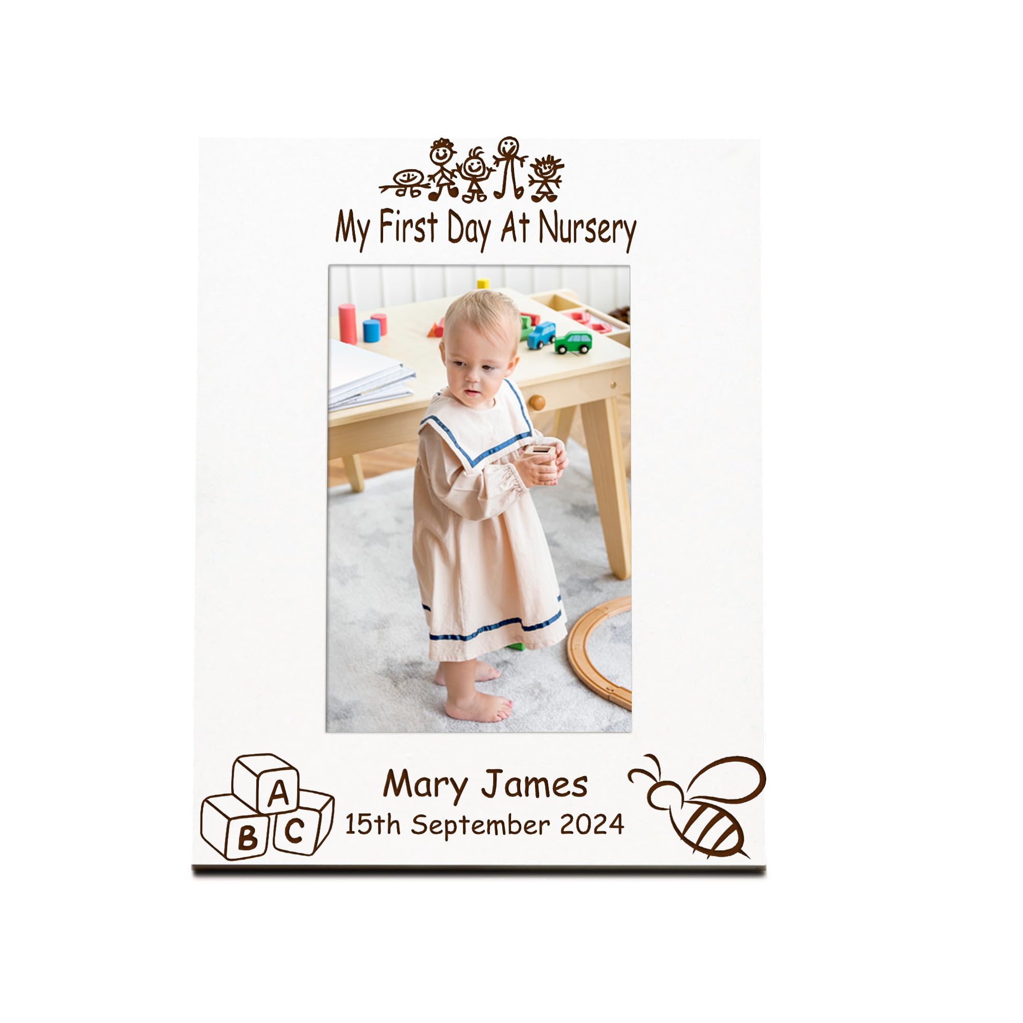 Personalised First Day At Nursery White Photo Frame, 6" x 4", Engraved (Portrait)