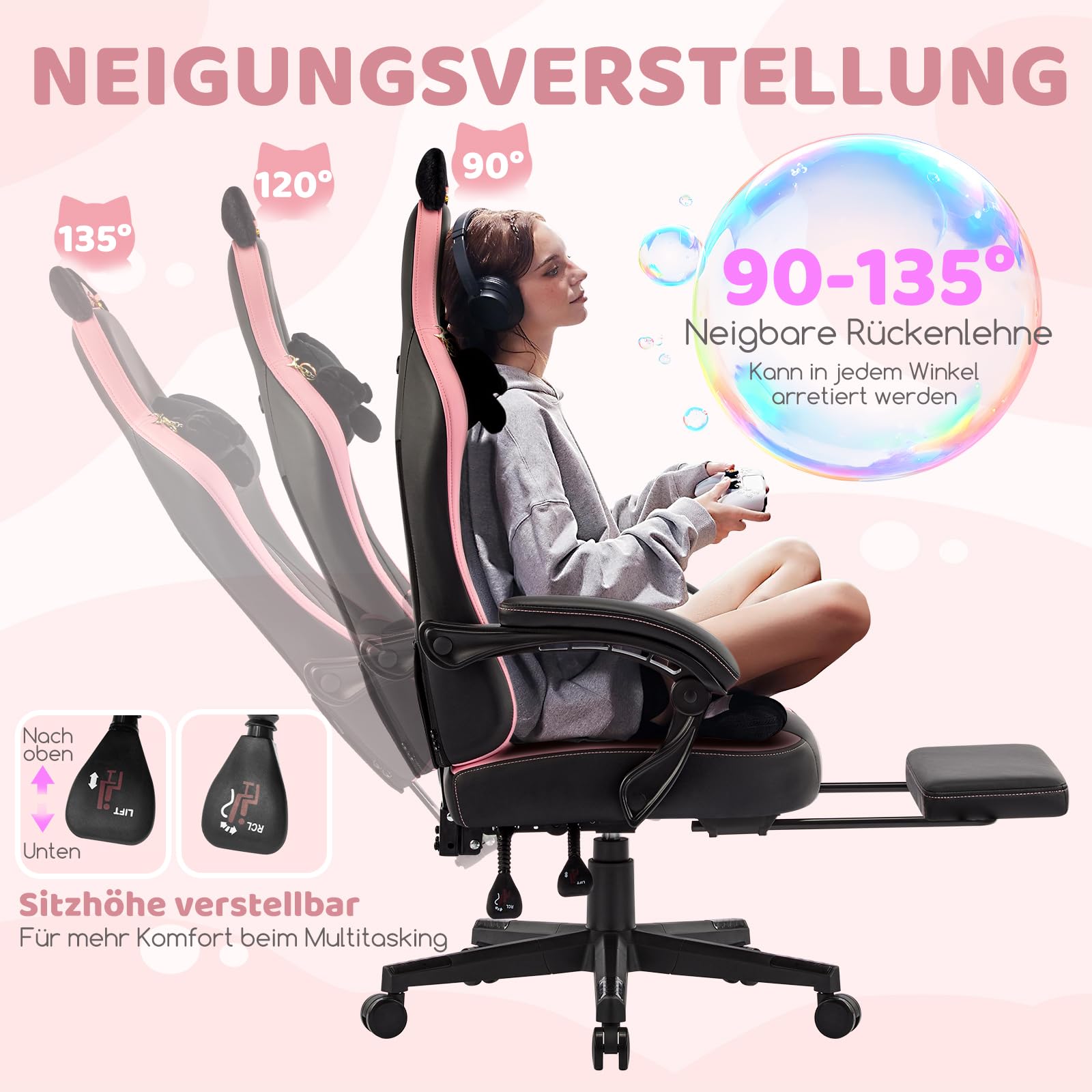 Hellove Cute Gaming Stuhl Katzenohren, Ergonomischer Computerstuhl mit Hoher Rückenlehne und Lendenwirbelstütze, Gamer Stuhl mit Fußstütze für Mädchen, Teenager, Kinder, PU-Leder, Schwarz Rosa