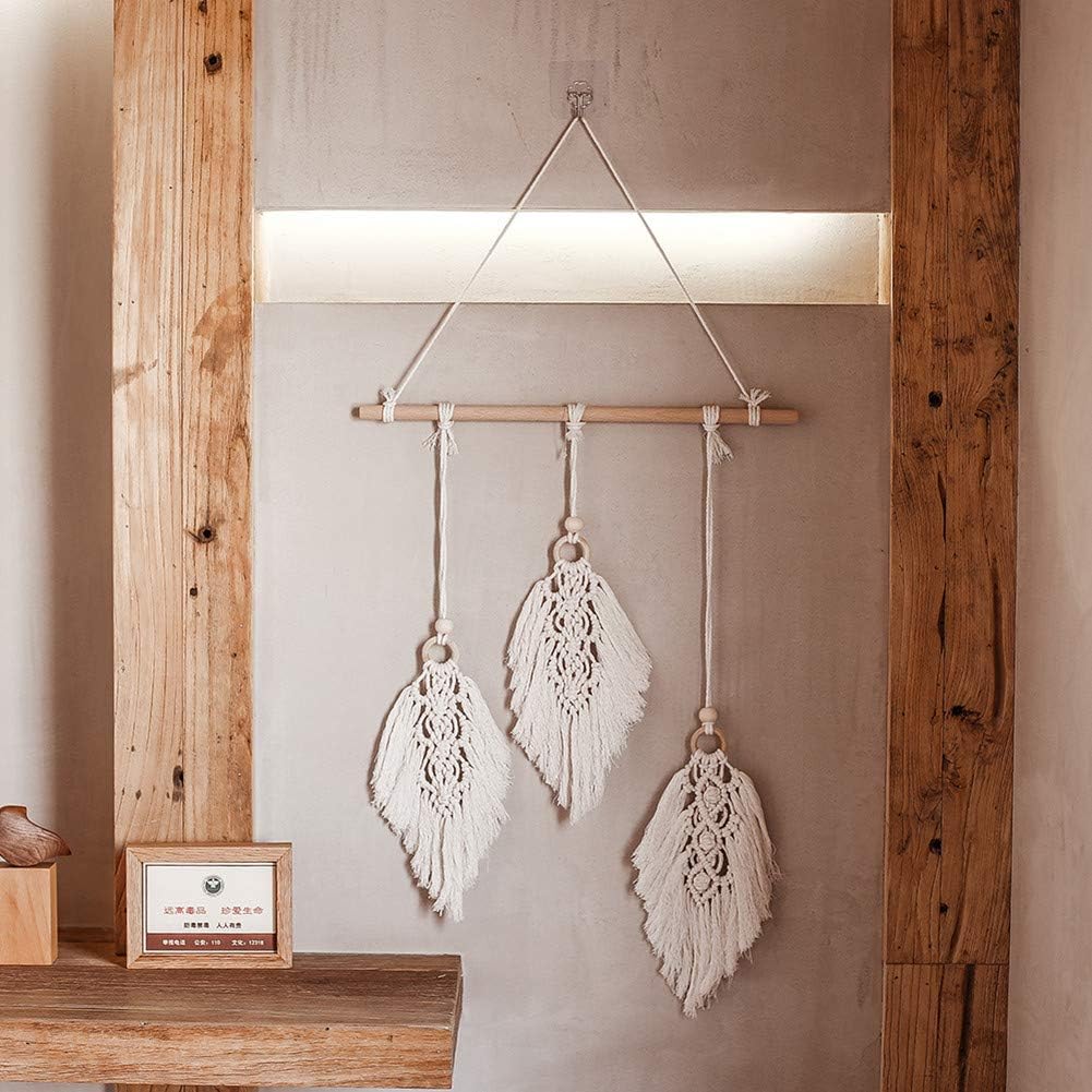 Dremisland Macrame Wall Hanging Hand Woven Feather Design Wall Decor Boho Chic Leaf Tassels Decoration Ornaments for Home Decor Apartment Living Room Bedroom Decor (Beige-3 Leaf)