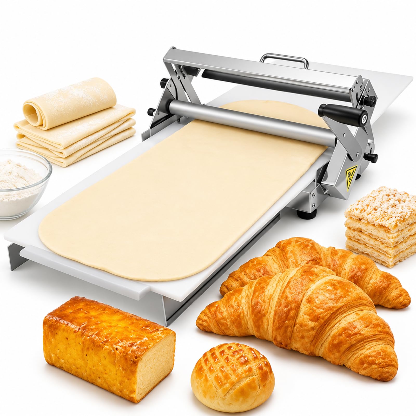 Suyaoquant Manual Dough Sheeter Machine | Compact Dough Sheeter with Sheeter Board | for Bakery, Pizza, Croissant | Stainless Steel Pastry Roller | with Adjustable Thickness 0-25mm