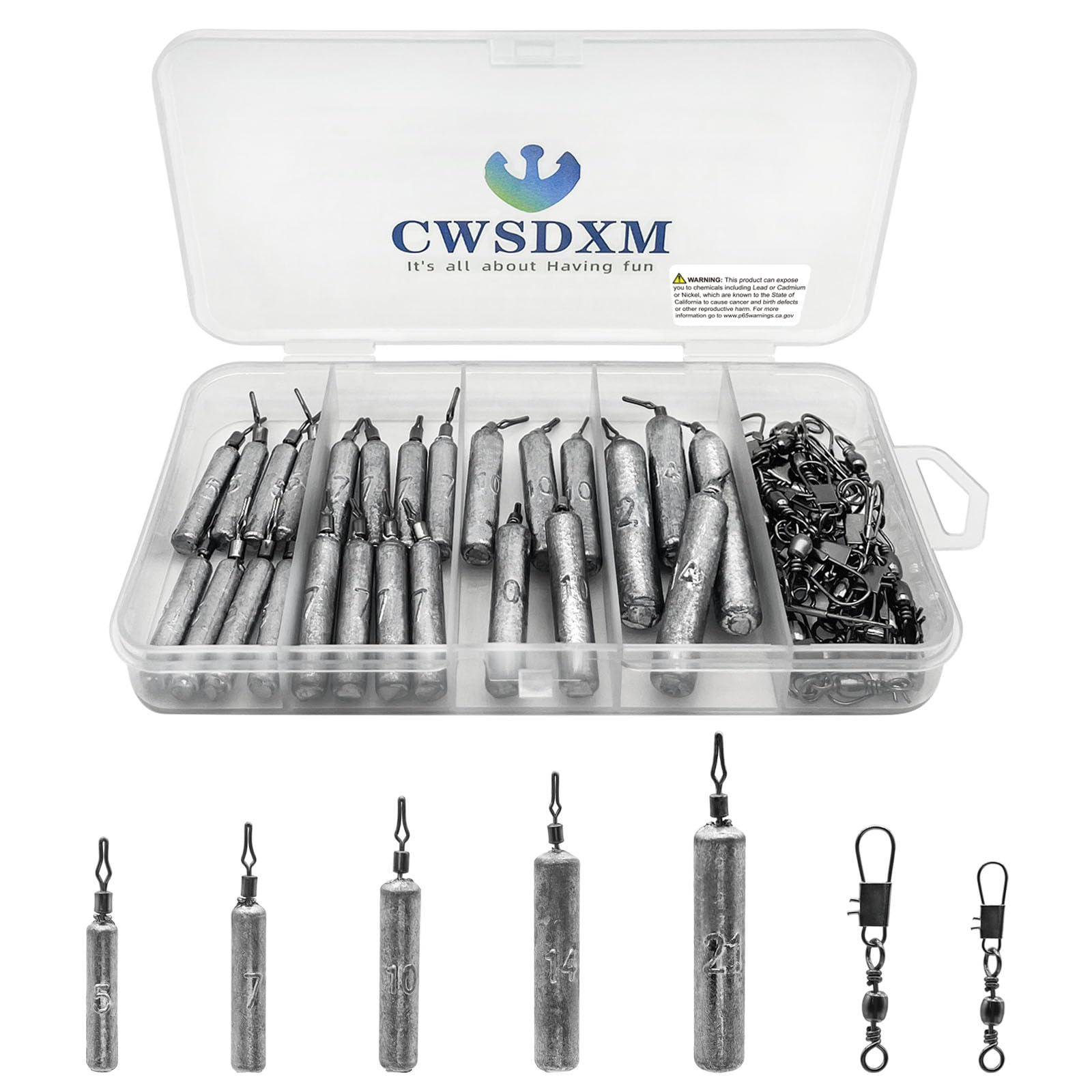 CWSDXM Fishing Weights Sinkers Fishing Worm Weights Assorted Set 50 Pcs, Bullet sinkers, Cannonball & Pencil Drop Shot Weights, Removable Rubber Core