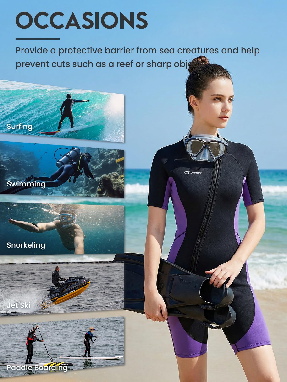 Owntop Muta da donna Shorty 3 mm Neoprene con cerniera frontale per surf nuoto immersioni triathlon