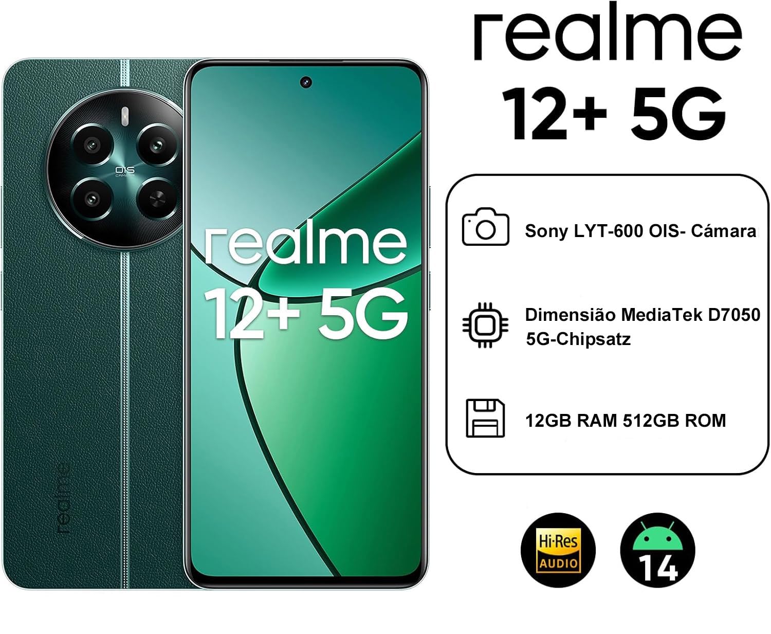 Smartphone Realme 12+ 5G, 12GB de RAM 512GB de ROM Tela de 6.67
