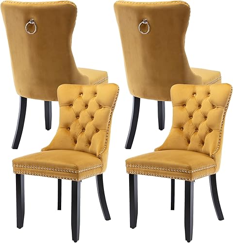 Juego de 4 sillas de comedor de terciopelo, sillas de comedor tapizadas con ribete de cabeza de clavo, patas de madera, anillo de tracción, sillas