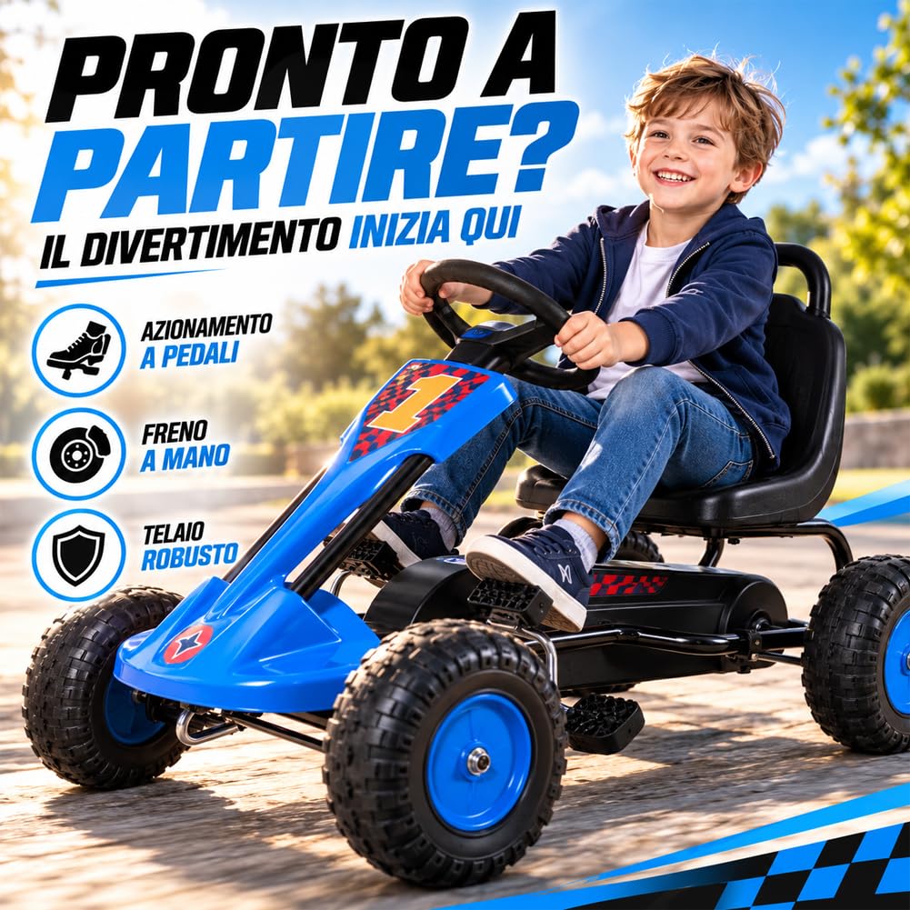 BAKAJI Go Kart a Pedali per Bambini dai 5 ai 12 Anni, Sedile Regolabile ed Ergonomico, Ruote in Gomma Pneumatici ad Alta Tenuta, Bici per Bambini con Telaio Resistente e Freno a Mano