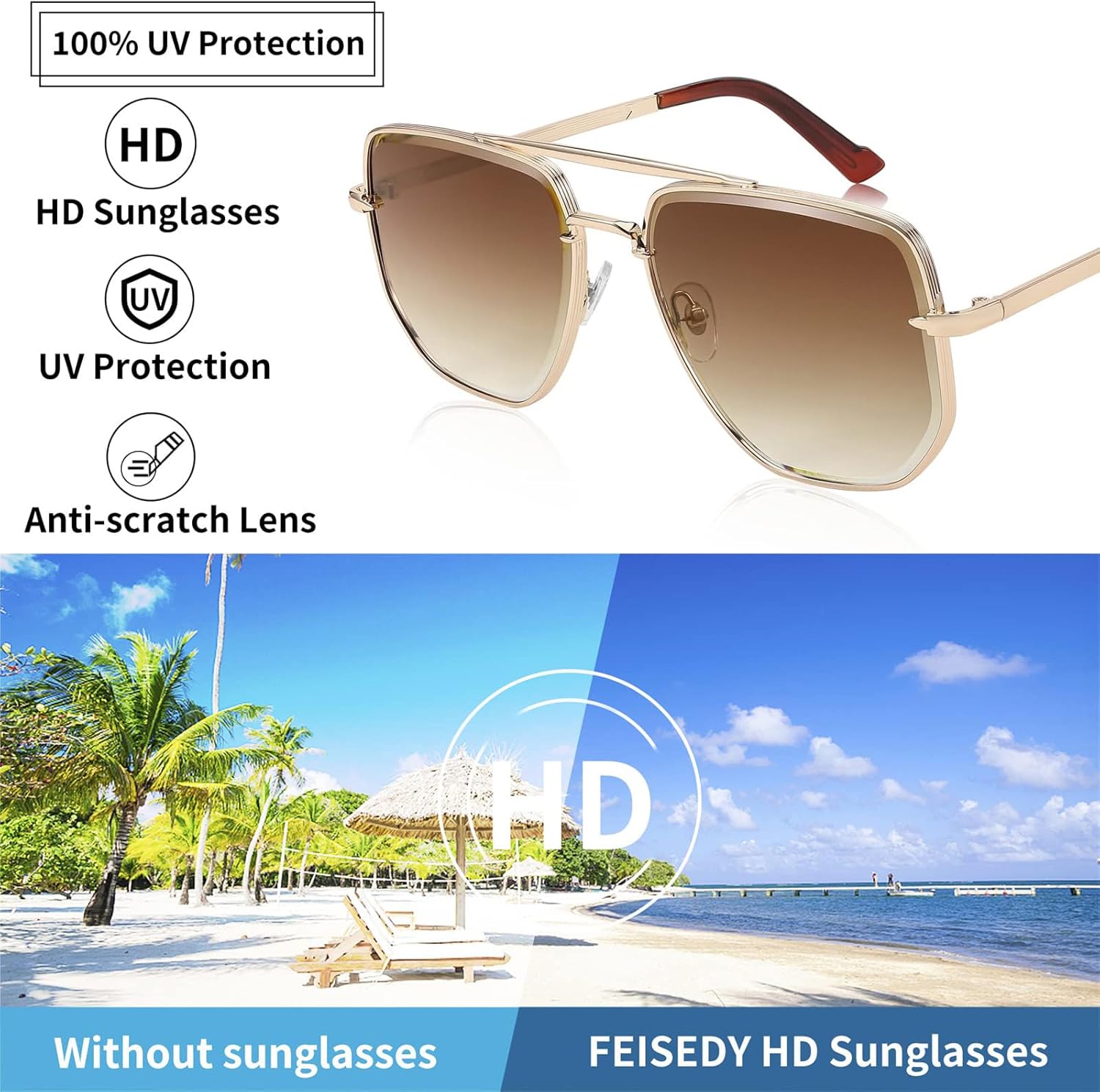 FEISEDY Sunglasses Aviator Men Women 70s Sun Glasses Square Frame UV400 Protection B2953 - Image 5